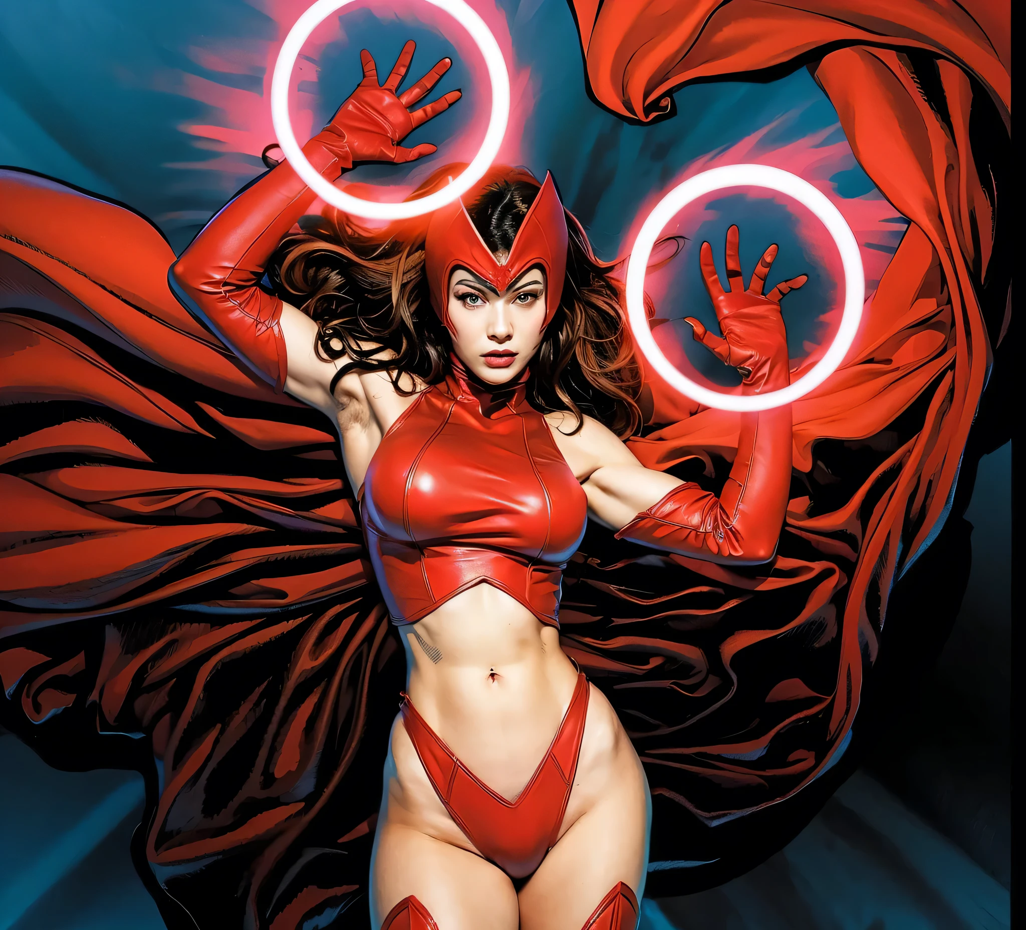 (((A comic style, cartoon art))). Scarlet Witch is in an open field, floating in the air, surrounded by dense forest. She is wearing her signature red outfit and is floating in the air, with her arms outstretched to her sides. In her hands, she holds a glowing red ball of energy, (((Hot Body, athletic body, sexy, Camel Toes))), ginger hair, agry face, hot girl, which appears to be pulsing with power. In the background, we can see the sun setting over the horizon, turning the sky orange and pink. The forest around her appears to be peaceful, but there is a sense of tension in the air, as if something is about to happen.