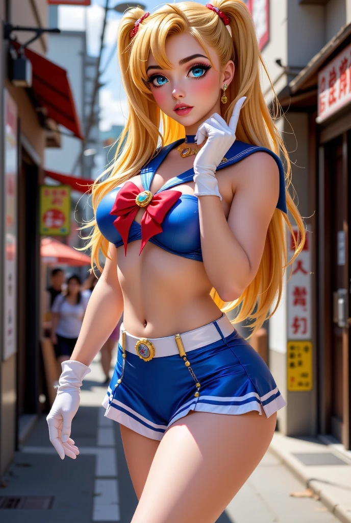 (best quality, 8k, photorealistic:1.5), (solo),(one girl:1.5),(Childish),(baby face),(pin up girl),(pinup model photos:1.3),(shiny skin),(oily skin),(blonde hair:1.3),(straight hair),(long hair:1.5),(beautiful girl),(cool beauty girl),(elegant woman),(Blush brown makeup),(dark eye makeup),(pink lipstick),(big beady eyes girl:1.3),(droopy eyes woman),(blue eyes girl:1.3),(impressive eyes),(expensive necklace), chuuChloe,(keep smiling),(looks fun:1.5),(mini thong:1.5),(healthy body),(Show off crotch:1.6),(teenager girl:1.5),(sailor venus costume play:1.5),