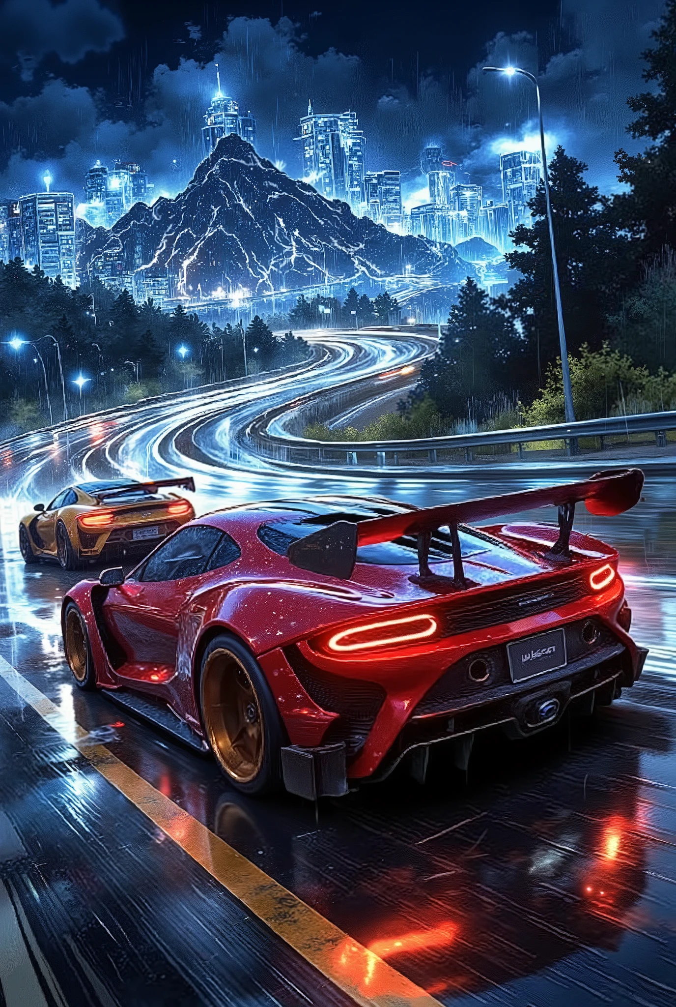 heavy rain, night, two tuned sports cars with low suspension, racing at top speed along a winding expressway in heavy rain, one of the cars on a dashing turn, on the verge of an accident due to rain, clouds of smoke from under the wheels, footprints on wet asphalt, twisted, wildly spinning wheels, wide tires, fiery rims, powerful headlights pierce torrents of rain, heavy downpour, lightning flashes, reflection of racing car lights on wet asphalt, sea on one side of the road, mountains on the other side, night sky, low blue clouds, clouds, continuous oblique streams of rain from the sky, a modern metropolis far away on the horizon, reflections in the night sky from the lights of the city, glass, concrete skyscrapers, neon advertising, the atmosphere of street racing,danger, anxiety, strength, speed, blur effect,linear angular perspective, color perspective, tonal perspective, from below shot, animated digital art, high detail,
