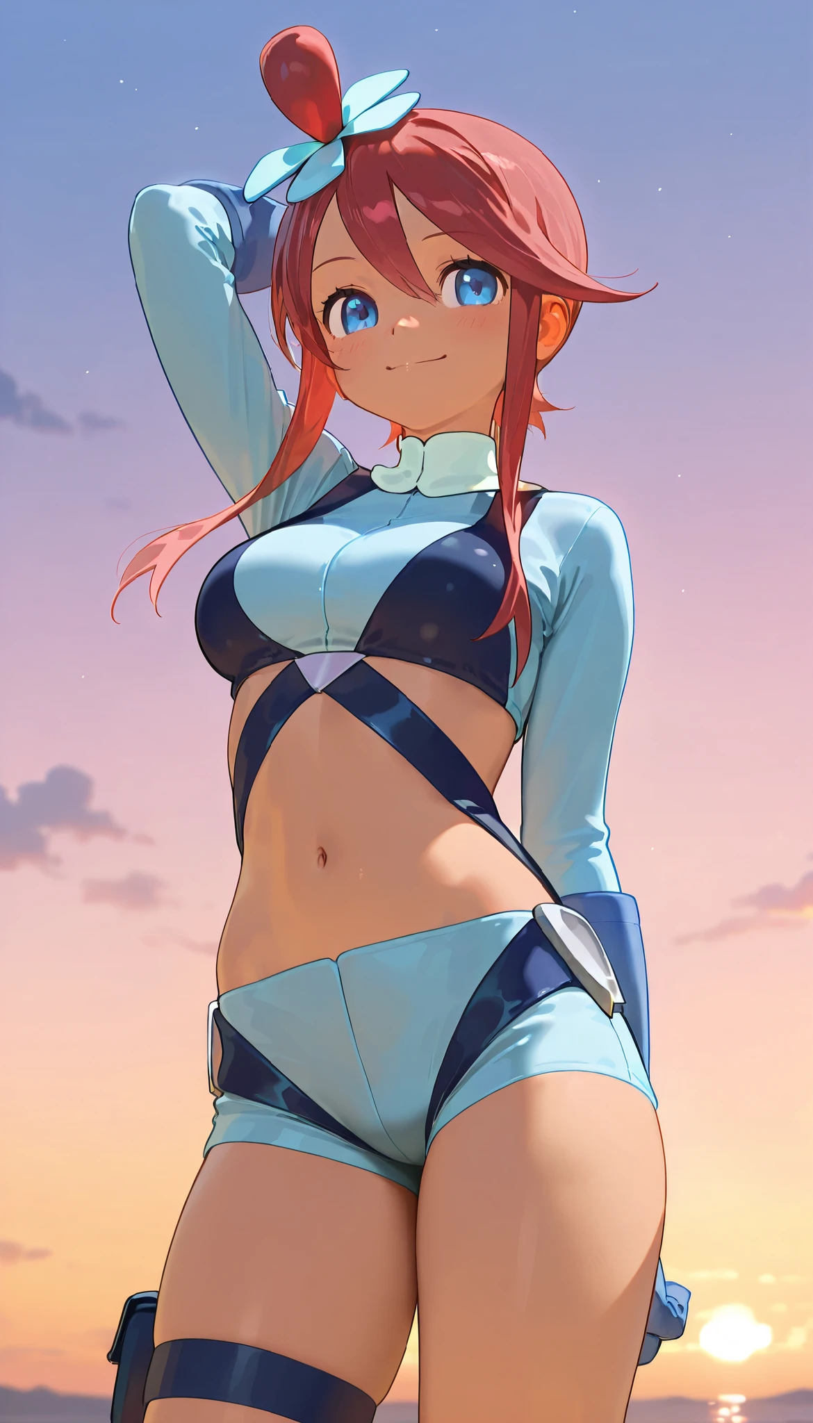 high resolution picture, masterpiece, best quality, amazing quality, solo, 1girl,skyla,smile,medium breasts ,standing,beautiful sky