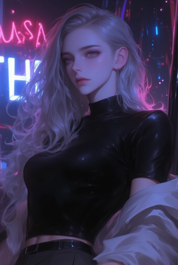 Woman, long side hair only, short back hair gray, odd eye with different eye colors (left side white, right side gold), black T-shirt with white cardigan, gray skirt, pleasure, neon sign