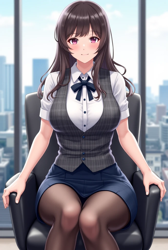 masterpiece, best quality, expressive eyes, perfect face, highly detailed, intricate detailed, atmospheric perspective, solo, 1mature seductive woman lifting skirt, lie sprawled on desk, spread legs, alluring pose, brown semi long hair, neckless, business suit, checked vest, blouse, black pencil skirt, tight mini skirt, pantyhose, panties, curvy, thighs, calm smile, open mouth, from above, in office, at night,