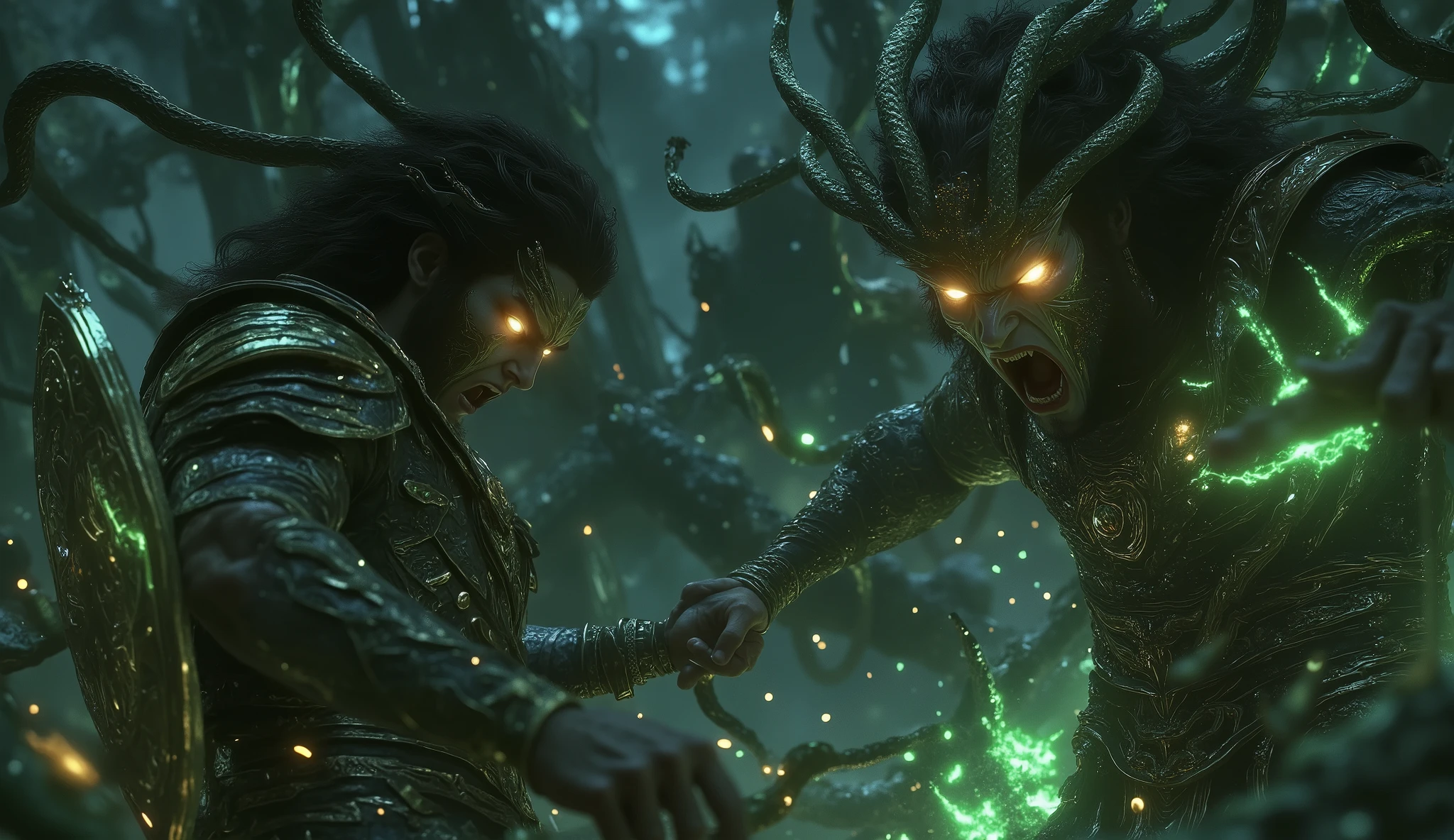 Create a hyper-realistic image of Perseus decapitating Medusa, using his polished shield as a mirror to avoid her deadly gaze. Perseus is portrayed as a young, determined hero, wearing simple armor and holding a curved, sharp sword. He is in motion, his body twisted and muscles tense, using the reflection in the shield to aim his strike. Medusa, with hair made of writhing snakes and glowing, hypnotic eyes, is in a defensive pose, trying to protect herself but already caught in the shield's reflection. The scene takes place in a dark, damp cave, with petrified statues in the background and faint rays of light partially illuminating the action. The atmosphere is tense and dramatic, with cool tones (greens, blues, and grays) dominating the scene, while realistic details in the textures of the armor, snakes, and rocks bring the image to life. The moment captures the exact instant Perseus' sword strikes Medusa's neck, with blood and movement frozen in time