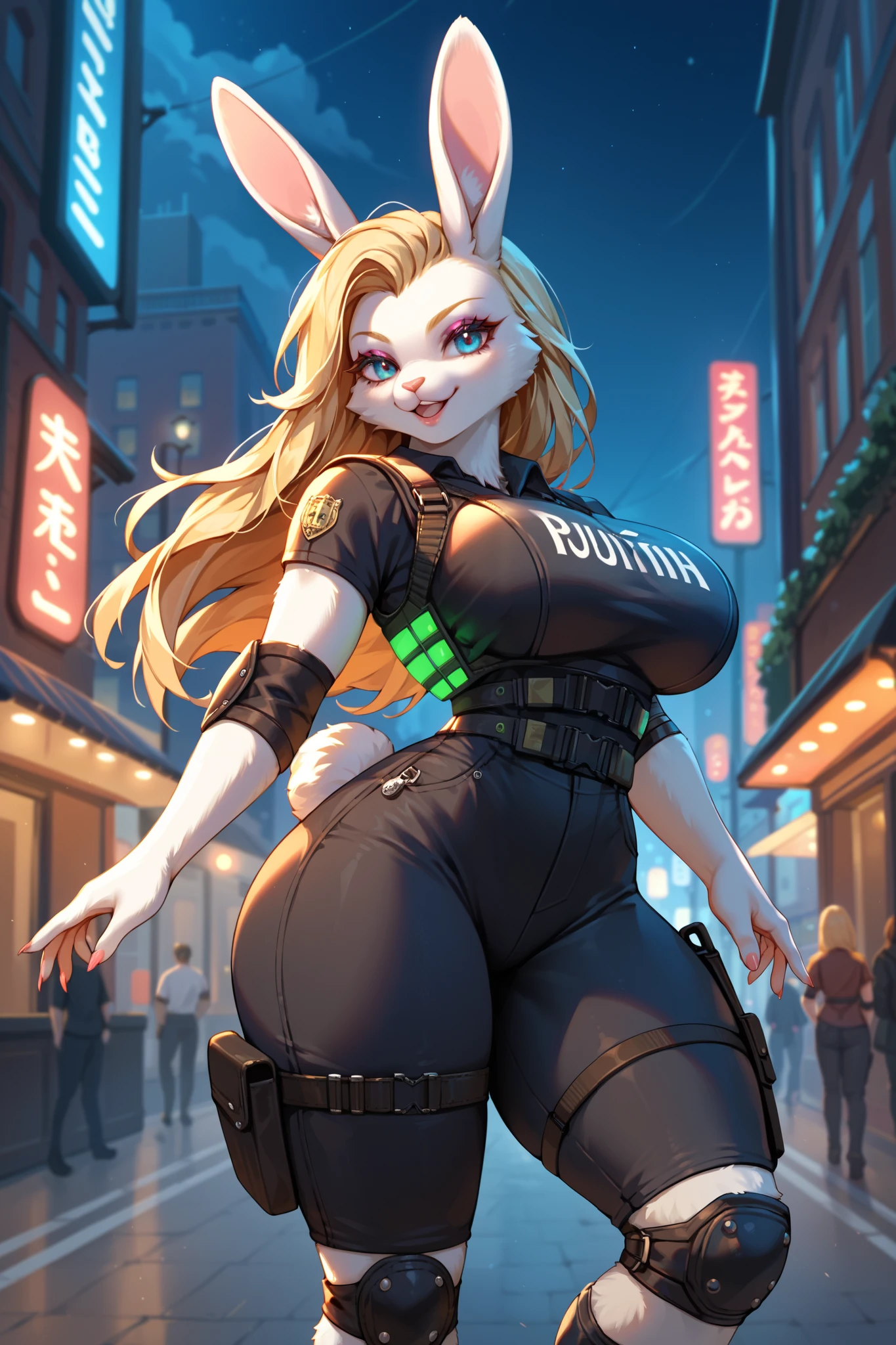 best quality, masterpiece, solo, 1girl, JudyHopps, police uniform, police hat, no pants, long socks, no panties, no pants, no shoes
