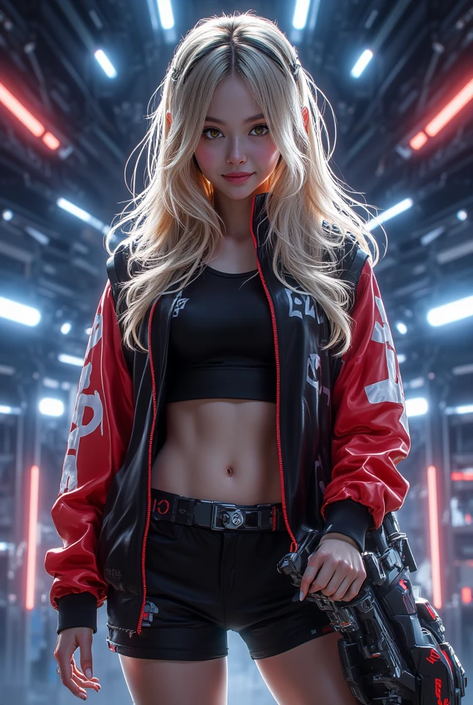 style-paintmagic,(high detail, hyper quality, high resolution, 16k UHD), (official art), Cowboy shoot, Female DJ, Fashion sports bras, off-shoulder jacket, headphones, The upper part of the body, Look at the crowd, Disco lights, Perfect light and shadow,depth of fields,fashi-girl,realistic, makeup, red lips,