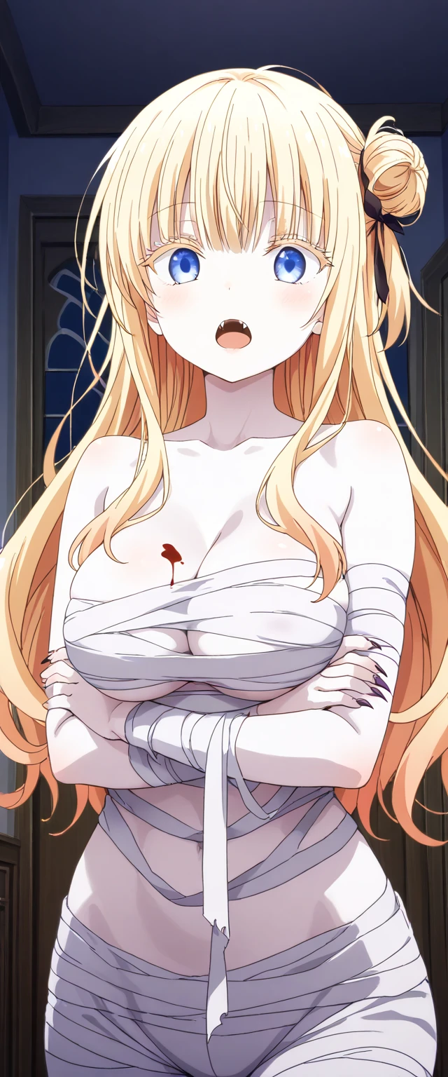 masterpiece, best quality, very aesthetic, absurdres, 1girl, mature_lady,Mummy_clothes, bandage_clothes, bandaged_chest, bandaged_fingers, bandaged_hand, bandaged_head, bandaged_neck, bandaged_thighs, bandaged_pants, bandages cover body,(cum_on_body:1.2),,konjiki_no_yami(to_love-ru), to_love-ru,1girl, blonde_hair, long_hair,  two_side_up,   red_eyes, small_breasts,,on stage,blur background,background defocus,pussy_juice