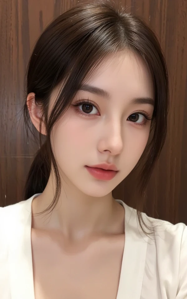 panoramic,8K Masterpiece, best quality, portrait, solitary, 1 girl, looking at the audience, Young woman, (Korean beauty, Korean mixed-race:1.3), long hair, (Huge breasts:1.2,Nipple protrusion:1:9),Not wearing any clothes内衣,Not wearing any clothes, A faint smile, White background, (There is light on the face), Delicate skin, Facial details,