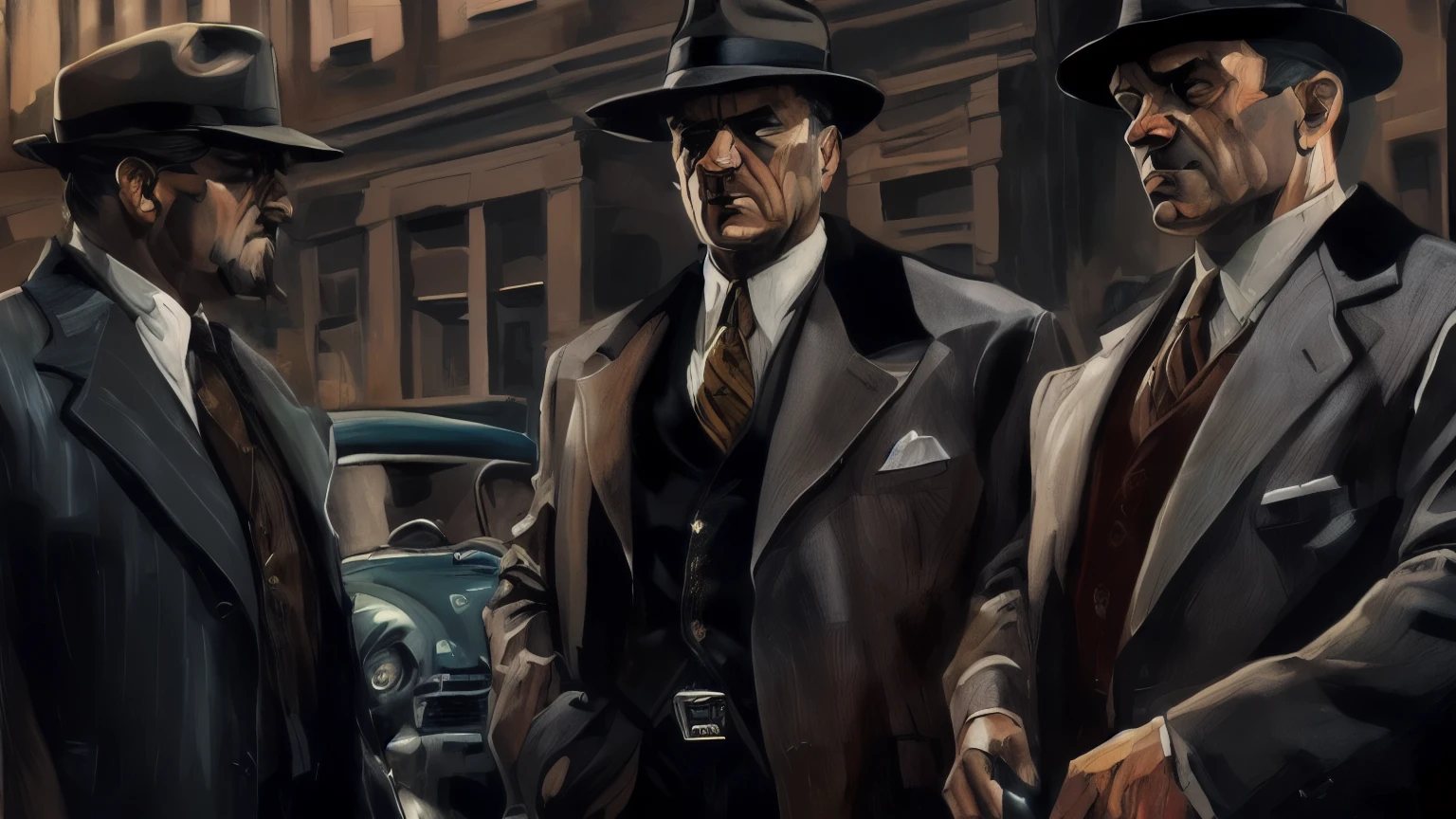 three men in suits and hats stand in front of a car, mafia background hyper detailed, inspired by F Scott Hess, mafia, inspired by F. Scott Hess, mobster, noir film world character design, old retro pulp noir comic cover, film noir realistic, game poster, noir detective, detailed game art illustration, noir detective and a fedora, noir photorealism