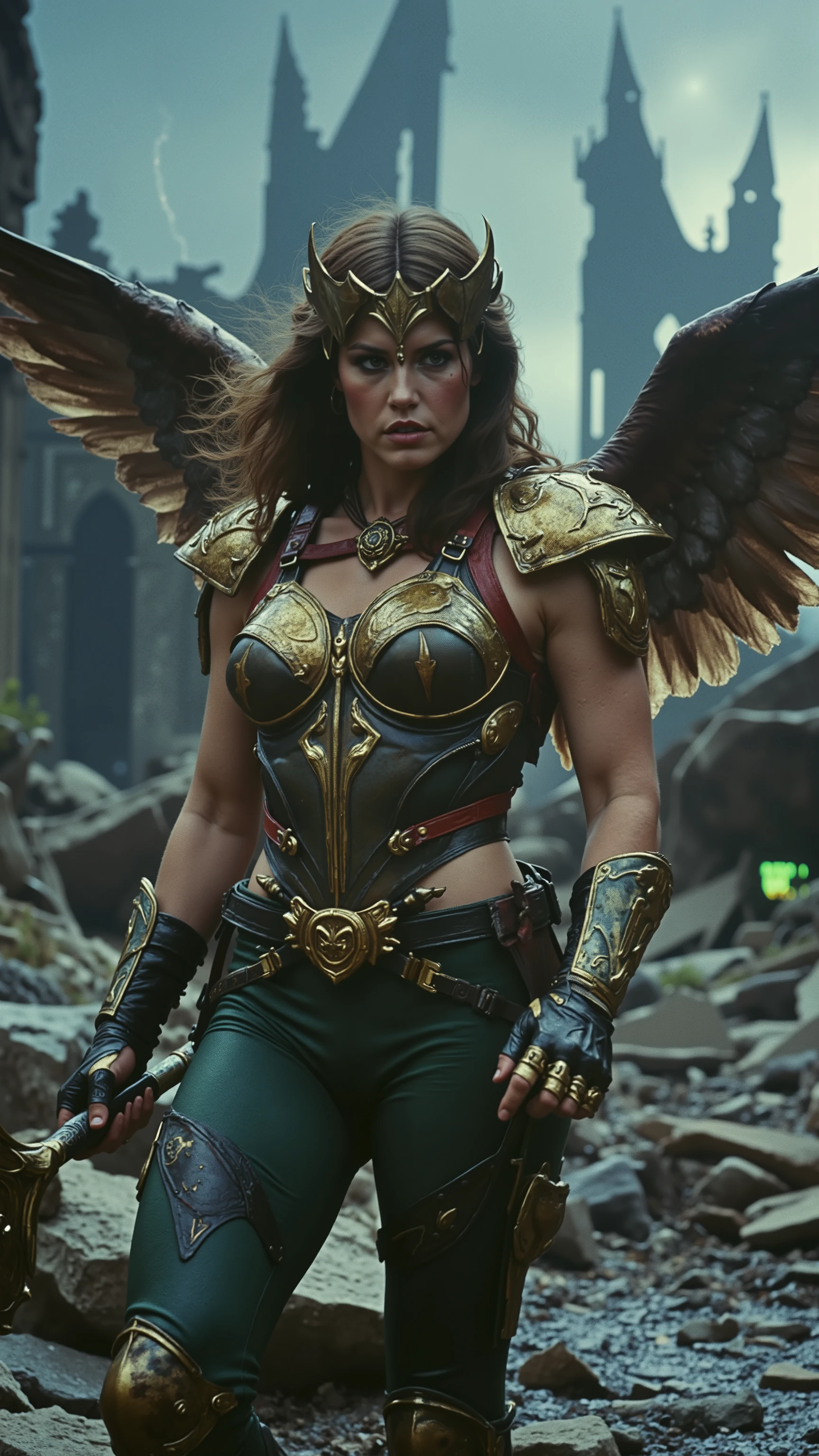 A cinematic close-up scene from a Hawkgirl film, featuring Hawkgirl portrayed by Adèle Exarchopoulos. She wears an intricately detailed golden and bronze armored bodice with engraved Thanagarian symbols, a red leather harness securing her battle-worn chest plate, and dark green form-fitting combat pants. Her gauntlets are metallic, reflecting dim light, and her shoulders are adorned with feathered pauldrons that merge seamlessly with her large, majestic wings. She wears a signature golden hawk-shaped helmet with sharp, angular features, covering the upper half of her face while leaving her piercing eyes and determined expression visible.
Her long, wavy brown hair flows wildly in the wind, strands escaping from beneath her helmet. She stands confidently, gripping her massive Nth metal mace, its surface glowing faintly with ancient energy. Her stance is fierce and battle-ready, exuding an aura of raw power and defiance.
The environment is dark and stormy, a ruined gothic cityscape with towering, crumbling statues and shattered Thanagarian architecture in the background. The sky is filled with heavy clouds, illuminated by sporadic lightning strikes that briefly reveal the destruction around her. The ground is composed of cracked stone and scattered debris, wet from recent rain, reflecting the eerie glow of neon-like Thanagarian glyphs carved into the ruins.
The scene is shot with cinematic lighting and angles, as if filmed with a vintage 1980s cinema camera, HDR-enhanced for dramatic contrast. The lighting is moody, reminiscent of a DVD screengrab from a lost, high-budget superhero film of the era—harsh shadows, a mix of deep blues and golden highlights, with a grainy film texture. The atmosphere is gritty, evocative, and immersive, transporting the viewer into a dark fantasy superhero world.
Hawkgirl, dark fantasy, retro-futuristic, cinematic, ultra-realistic.