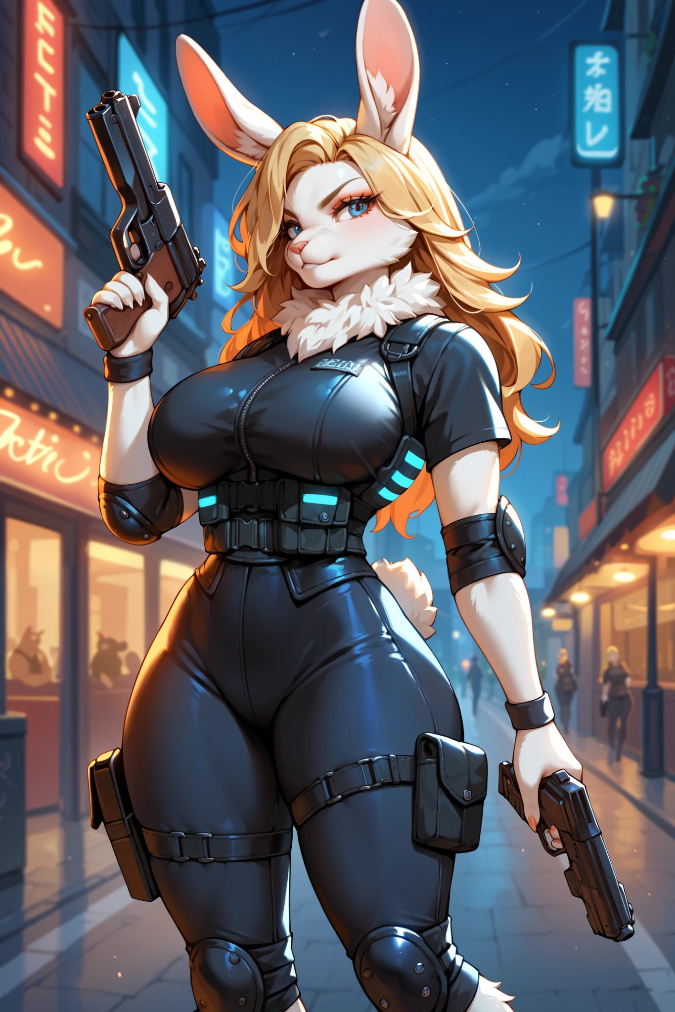 Score_9, Score_8_up, Score_7_up, Score_6_up, Score_5_up, Score_4_up, Source_anime, Tag1, Tag2, Quality_masterpiece, vibrant colors, Anatomically correct, 1girl, furry, detailed fluffy fur, big breasts, big ass, thin waist, thick thighs, Eyelashes, bunny girl, white fur, bunny nose, makeup, serious face, blonde long straight hair, black t-shirt, black cargo pants, bulletproof vest, elbow pads, knee pads, leg holster, standing, (holding a gun :1.2), in a main street at night, buildings in the background, neon signs