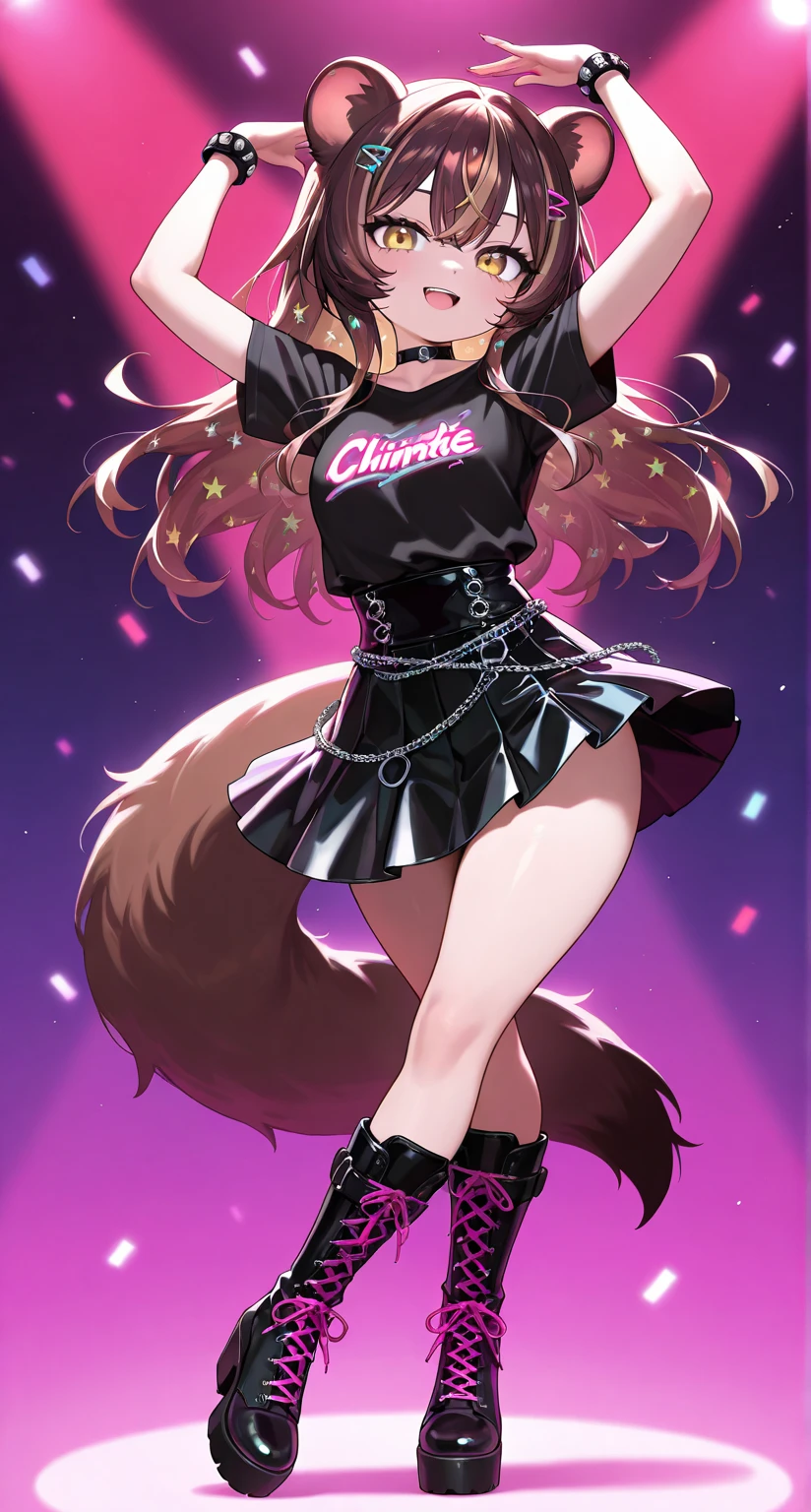 (chibi:0.6), anime style, 1girl, woman, punk rocker girl, [:formal, wild costume design,:0.2], bombshell punk hair, iridescent black hair, low-tied long hair, bombshell hair, light brown hair, Sleek Straight Hair, narrow waist, thicc slim perfect hourglass figure,, (asian:1.3)<lora:EnvyCuteXL06:1>