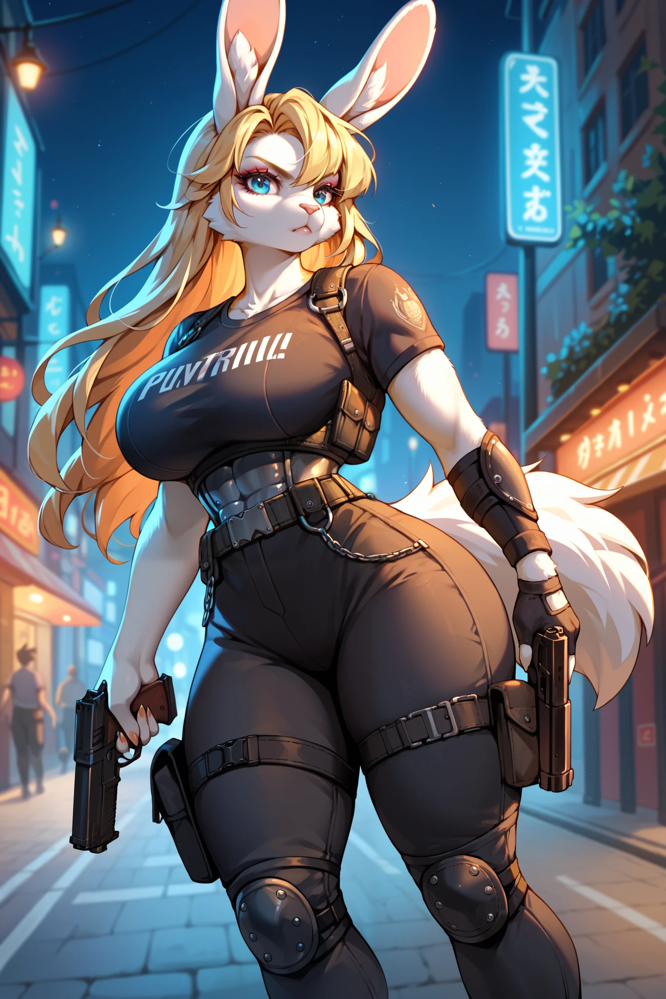 1girl, massive breasts and hips and butt, any outfit, any fur color and pattern [all colors and patterns allowed], any eye color and pupils [heterochromia allowed], any location aanywhere, ight, any pose, doing anything, sci fi weapon, abandoned place, perfect body