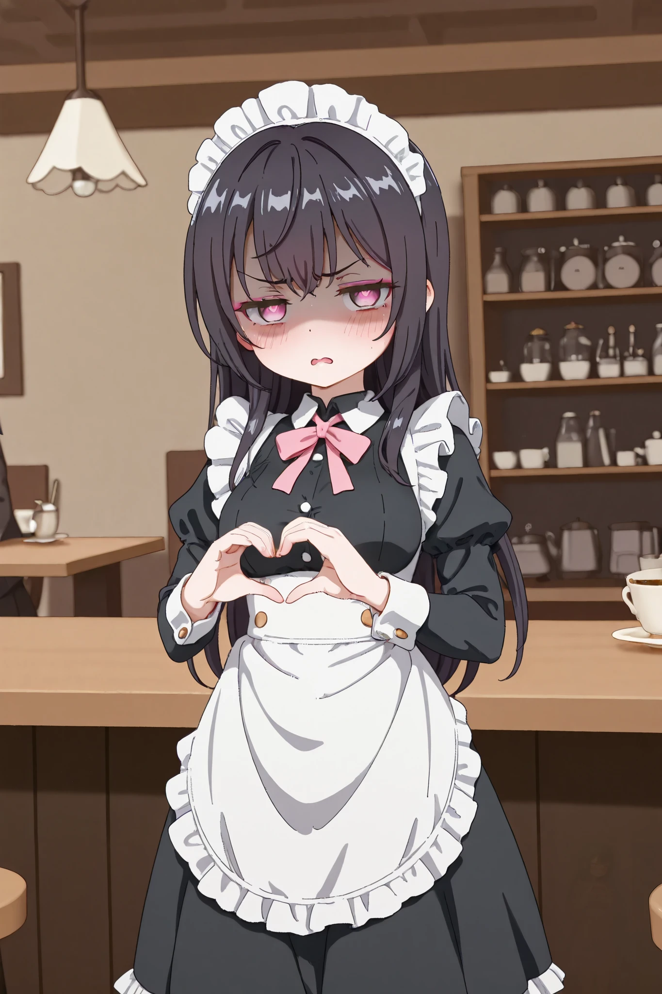 1girl,,small,fair_skin,petite,black hair,long hair,makeup,blush,pink eyes,heart-shaped_pupils,medium breasts,embarrass,blush,shy,open_mouth,disgust,contempt,shaded_face,jitome,maid,heart hand,standing,cafe,maid cafe