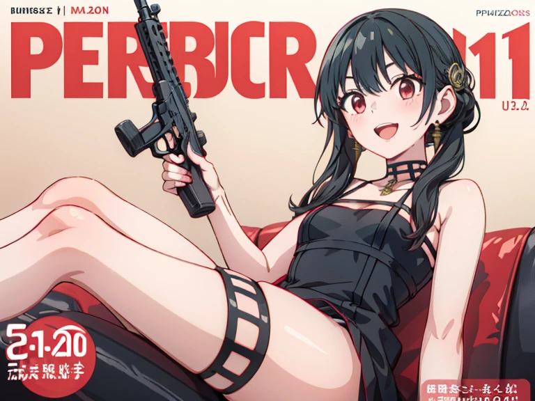 (masterpiece:1.2, best quality), (highly detailed:1.3), (magazine cover), 1girl, 15yo, petite, (white panties), (white bra), (holding a gun), serious, black yellow background,