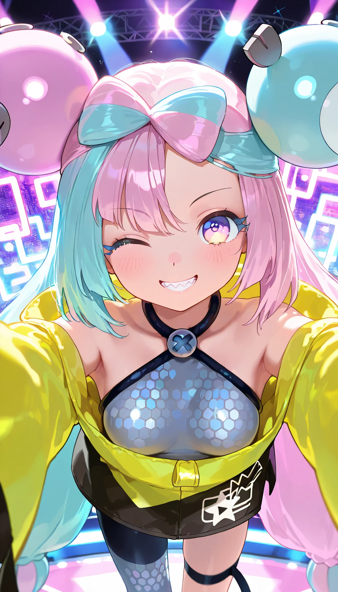high resolution picture, masterpiece, best quality, amazing quality, solo, 1girl, rosa,iono, yellow jacket,smile,small breasts,live stage,lighting pov,wink