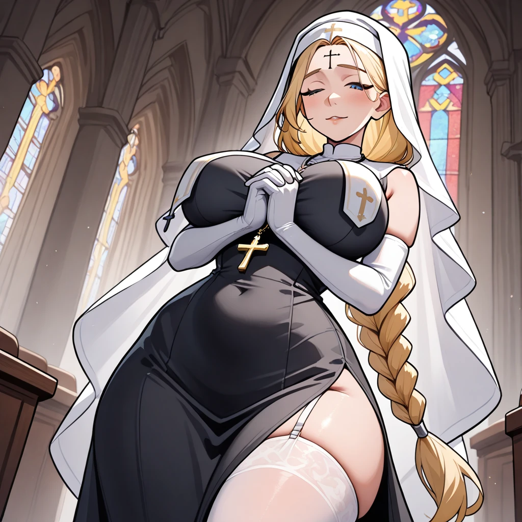 long hair, blonde hair, (dark skinned female), (nun), big breasts, Big ass, Deer antlers, venus body, erection, large testicles, cock sheath, dark testicles, pink penis, red brash, lie down, sea background, angry,