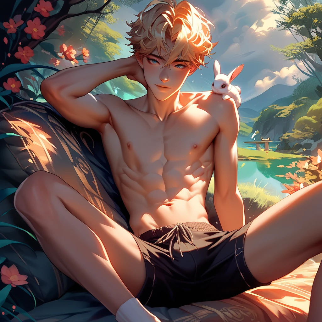 young man, twink, (((male))), (((man))), (((one person))), single, solo, (((very light blonde hair))), (((pink colored eyes))), (medium short hair), (chin-length hair), wavy hair, slim body, ((flat chest)), (((fantasy style))), (((wearing flowers in his hair))), flowercrown, ((pointy ears)), (((light pink colored eyes))), smooth skin, bare legs, (((wearing only a loose piece of fabric))), (((body covered in loose transparent fabric))), ((white colored fabric)), (((transparent fabric))), (((wet fabric))), smiling, rocks in the background, tropical flowers, (((picking an exotic flower from a tree))), (((colorful flowers))), (different colors flowers), waterfall further in the background