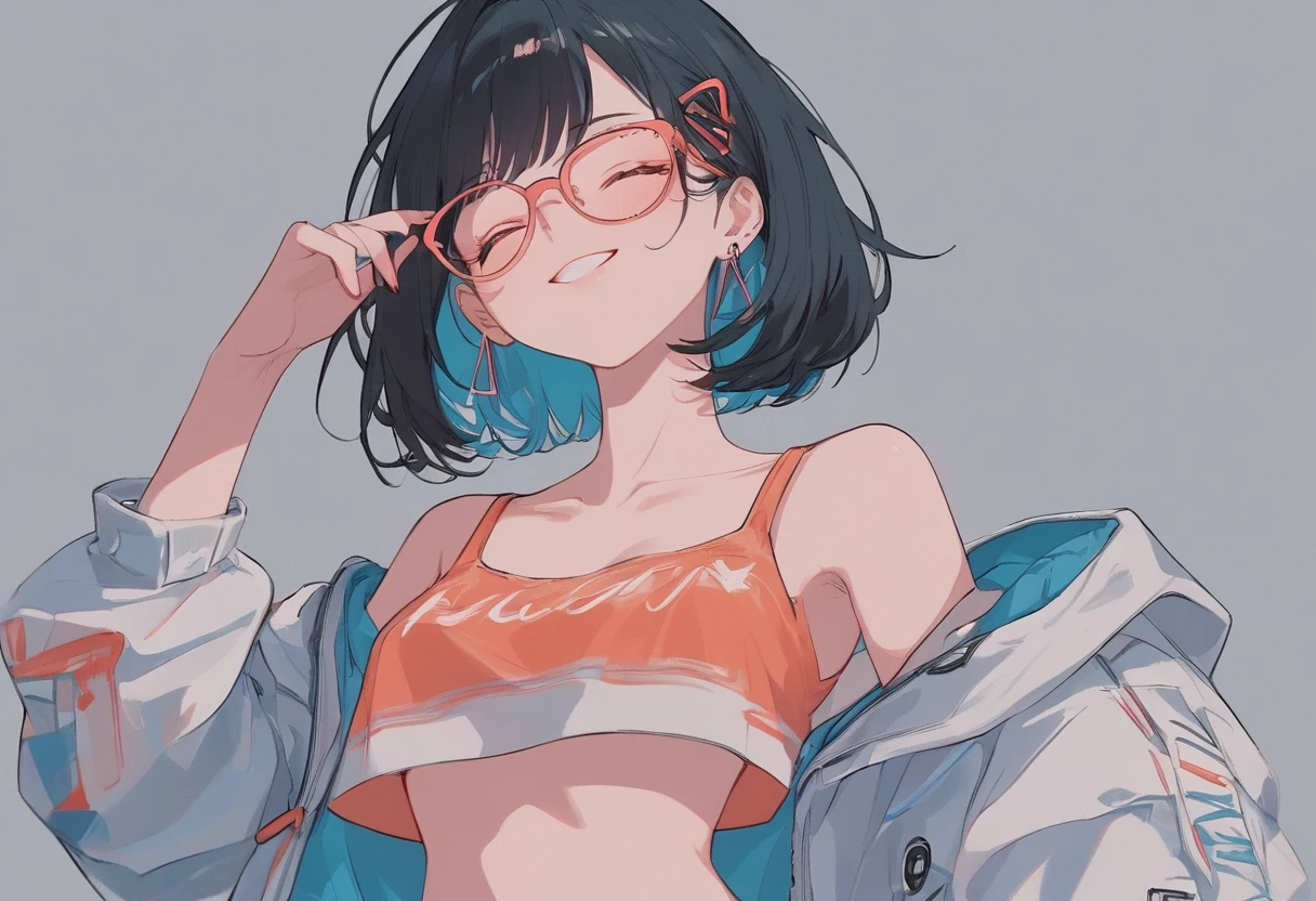 masterpiece, best quality, great quality, very aesthetic, high definition, latest, HYPER DETAIL, one girl, cowboy shot, flat color, black hair, short hair, with one eye closed, simple background, hip-hop style, off shoulder, glasses, smile, high brightness,