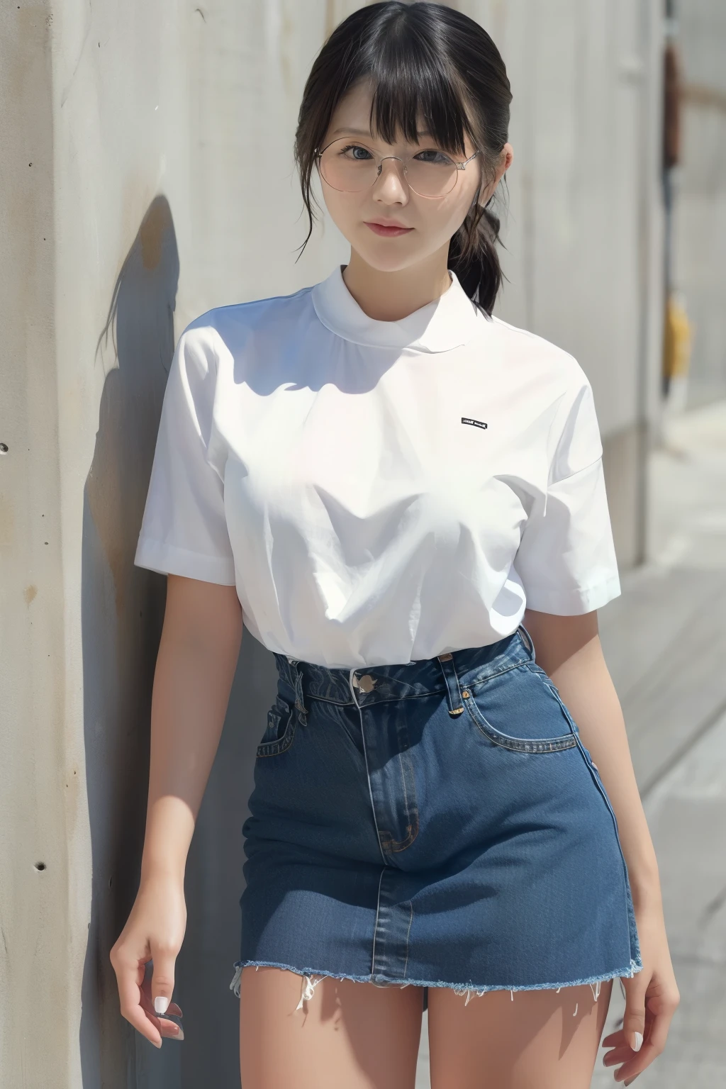 full body shot、30-year-old Japanese woman、glasses、low ponytail、bungs、denim skirt、WhiteT shirt、small breasts、 (( No Background ))