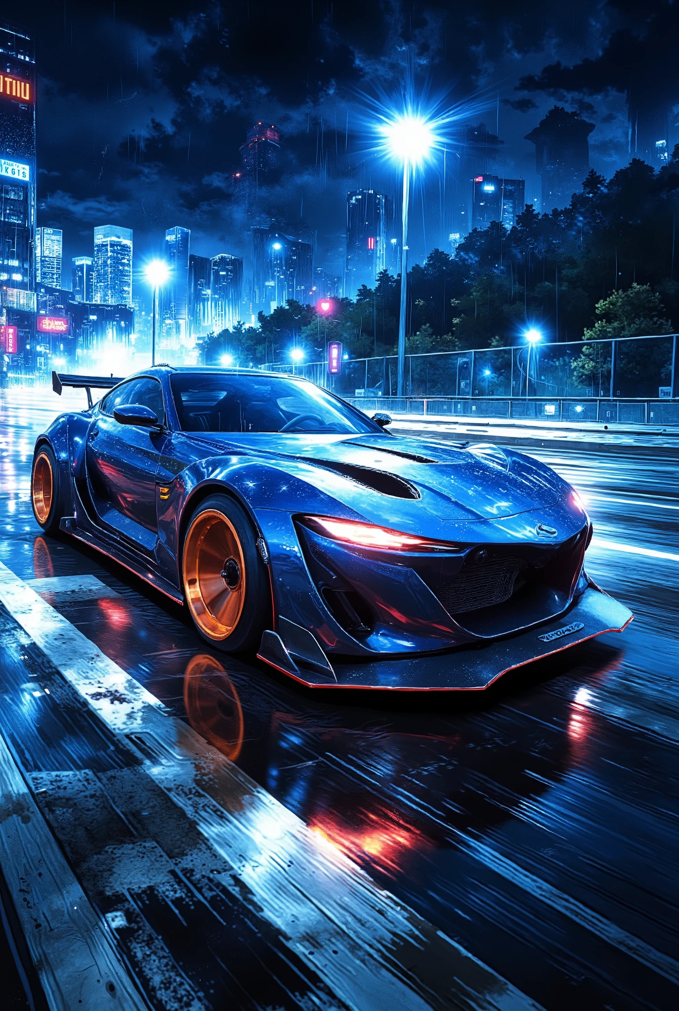 heavy rain, night, two tuned sports cars with low suspension, racing at top speed along a winding expressway in heavy rain, one of the cars on a dashing turn, on the verge of an accident due to rain, clouds of smoke from under the wheels, footprints on wet asphalt, twisted, wildly spinning wheels, wide tires, fiery rims, powerful headlights pierce torrents of rain, heavy downpour, lightning flashes, reflection of racing car lights on wet asphalt, sea on one side of the road, mountains on the other side, night sky, low blue clouds, clouds, continuous oblique streams of rain from the sky, a modern metropolis far away on the horizon, reflections in the night sky from the lights of the city, glass, concrete skyscrapers, neon advertising, the atmosphere of street racing,danger, anxiety, strength, speed, blur effect,linear angular perspective, color perspective, tonal perspective, from below shot, animated digital art, high detail,