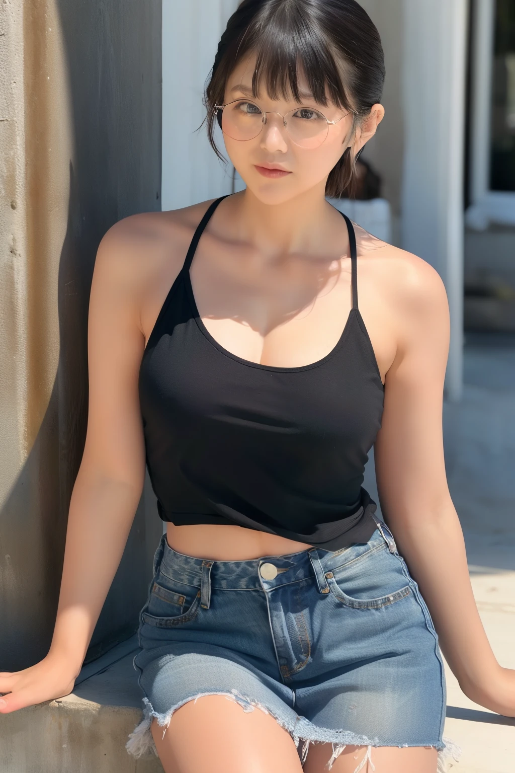  (nsfw:1.1), full body, 30-year-old Japanese woman, glasses, low ponytail, bangs, tank top, denim skirt, small breasts, UHD, masterpiece, accurate, textured skin, super detail, best quality, simple background,