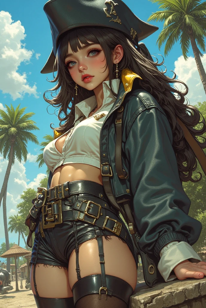 (masterpiece), best quality, expressive eyes, perfect face, (pirate ship background), (standing), (smirk), (closeup view), (1girl, vanessa alessia, dark skin, tanned skin, brown hair, wavy hairstyle, brown eyes, hourglass figure, thin body, skinny body, petite_body, medium breasts, thick thighs, long fingernails, brown plaid head wrap, white front lace blouse, long sleeve, loose fit, brown leather corset, brown leather shorts, brown boots, sheathed cutlass sword, flintlock pistol in holster, hoop earrings, miscellaneous jewelry), big breasts, stripping, elegant makeup, exhibitionism, ????? in public, , slim thighs, toned body, shiny skin, sexy pose, blue eyes, narrow hips, wearing high hip thong and see-through top