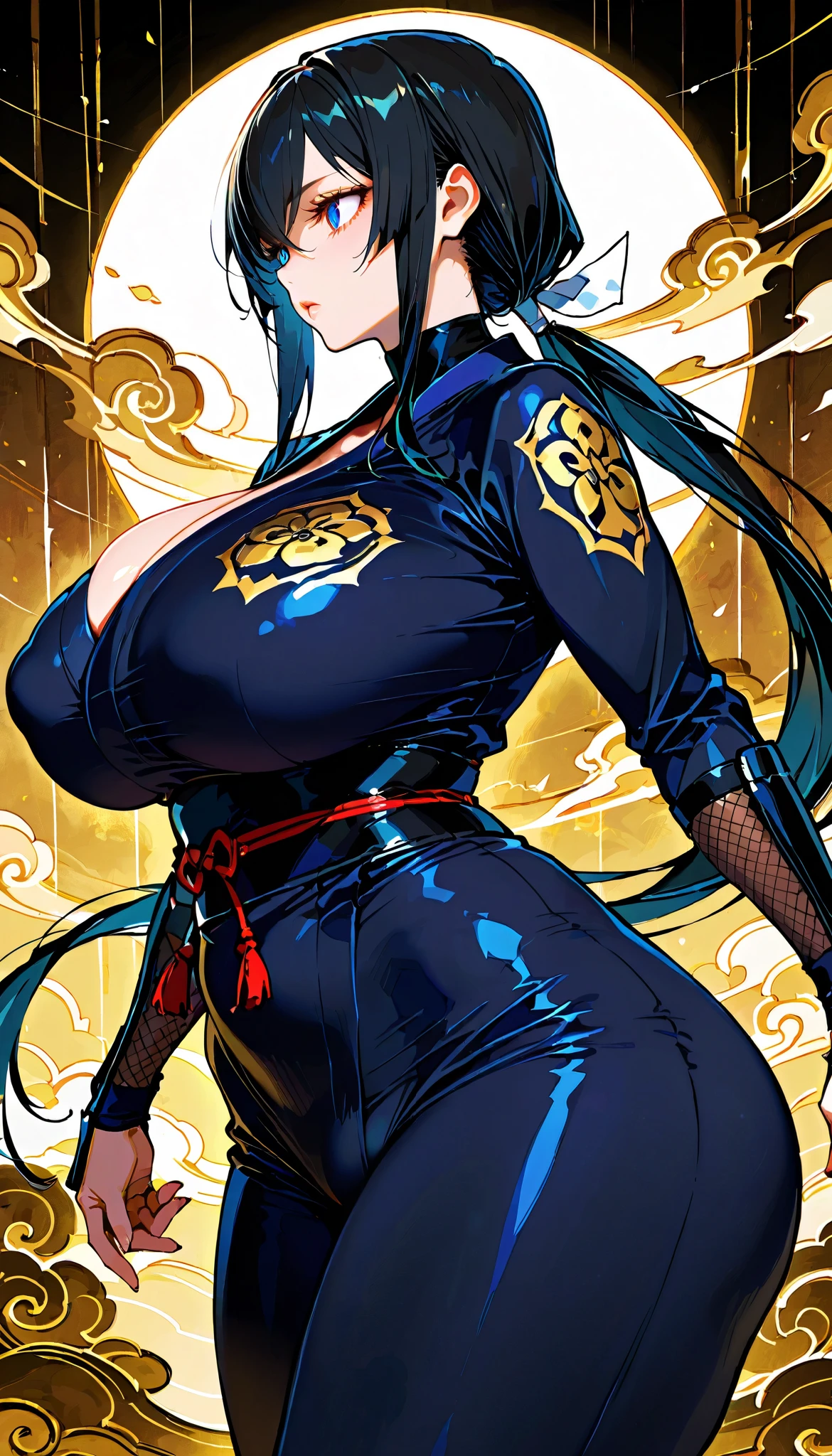 (sharp focus, intricate details, 8k texture),score_9, score_8_up , score_7_up ,(high quality,High Resolution),(female ninja), ( big eyes, Clear Eyes, perfect eyes ) ,(amount, long hair ),(( Side Part Hair )), Low Ponytail、black hair, long hair, straight hair ,saggy ,( (curvy body :1.3)),( wide hips),(lun),剣を振っている、from side,