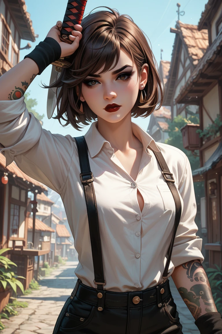 girls with a girl wearing a black top, black hair in a bun, holding a cigarette, badass, sharp gaze, black eyes, beautiful,3D,upscales --auto --s2