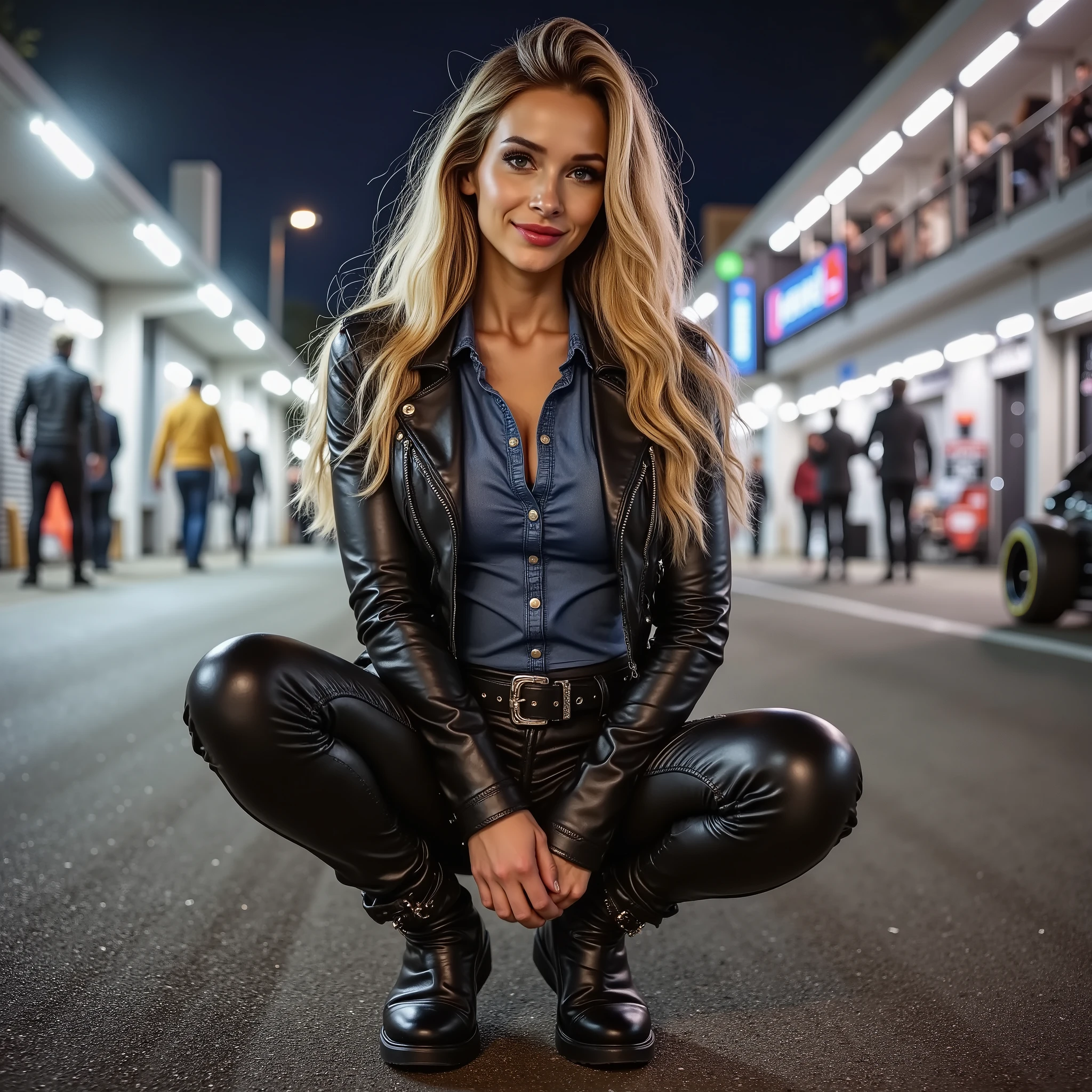 smiling blonde woman wearing dark blue denim shirt tucked into black leather pants, buckled belt, short biker jacket, knee high boots with lacing, she is squatted outside in the pitlane of a formula one race, night, neon lights, background glow,
