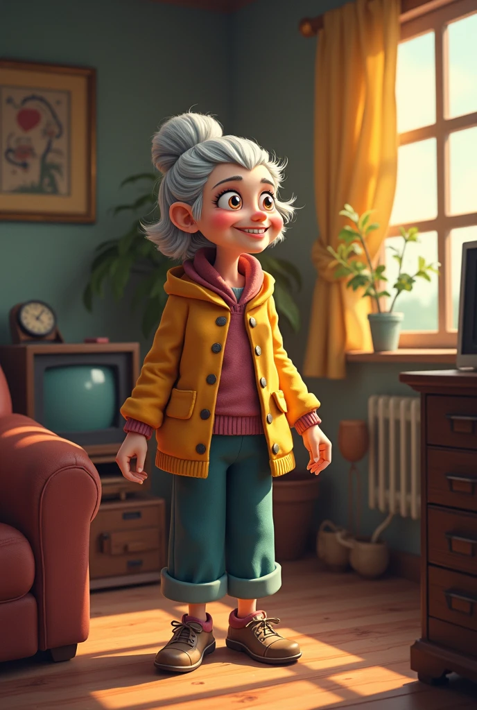 Animated cartoon character Grandma that is standing with sad face whole body with feet 2 pony tail hairstyle wearing orange jacket and red pants white sock brown shoes