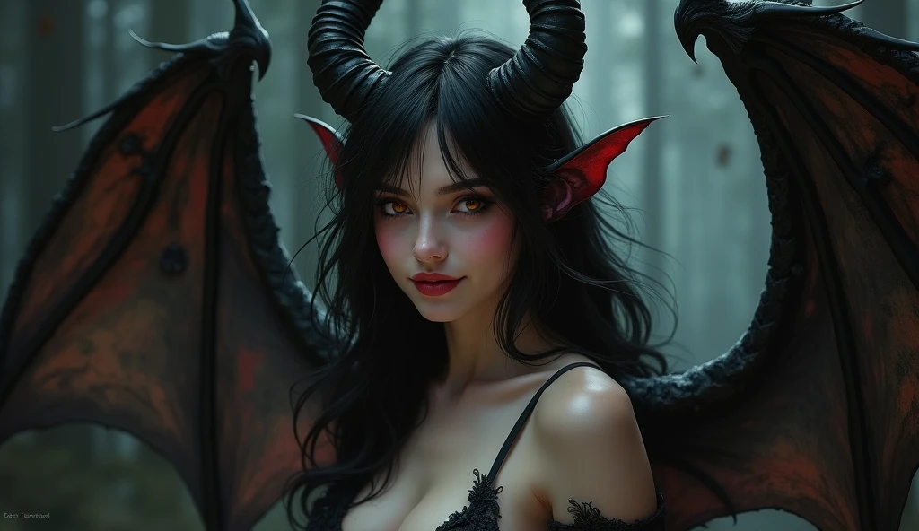  medieval tavern background, (best qualityer,4K,8K,high resolution,work of art:1.2),ultra detali,(realisitic,photorealisitic,photo-realisitic:1.37), full body hot and thick succubus, with long black hair, intense black lips, wearing a revealing black leather outfit adorned with BDSM elements. Her outfit consists of a seductive bustier, accentuating your voluptuous figure. Her skin is a captivating shade of fiery rot, exuding a demonic allure. Elegantly sprouting from his back is a pair of majestic demon wings.., exquisitely detailed with intricate patterns. On top of her head, She has mesmerizing tiefling horns, exemplifying his supernatural presence. The artwork should capture your seductive aura, showing your confidence and power. The light in the scene should emphasize the seductive curves of your body, casting dramatic shadows and highlights. The color palette should evoke a sense of darkness and desire, with rich contrasting shades of black, rot, and deep browns.