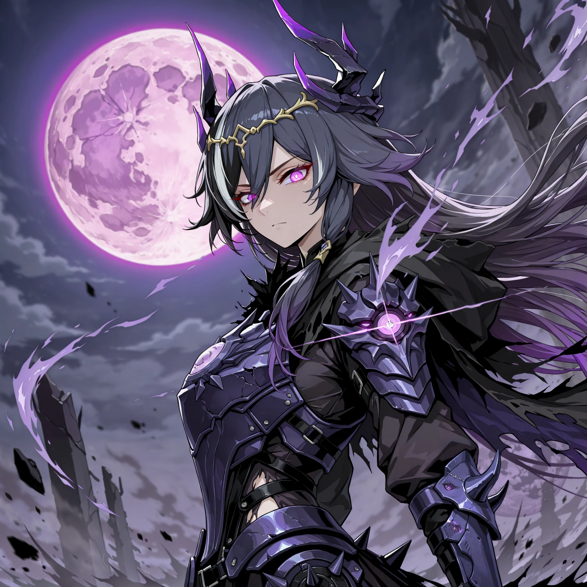 by [inoitoh|arknights|748cmstyle],
1girl, solo, alone, single character, messy background, chaotic background, magic aura background, (glancing at viewer, side shot, (dynamic shot, action shot:1.2), upper body focus, medium shot:1.2), adult woman, evil goddess, corrupted goddess, Punishing Gray Raven, (FuHua, Fol005, Fh_Hos:0.55), fu hua, deep purple eyes, very long hair, (black hair, purple hair, two tone hair, gradient hair, dark hair, raven coloured hair, white streaks:1.24), black torn dress, armored carapace, broken short skirt, (war dress, demon crown, spiked circlet, purple dragon spirits, cracked moon, purple moon:1.22), cursed moon, battle dress, war-mage, succubus, incubus, broken cloak, (black rock shooter:0.42), glowing eye, eye trail, (unusual pupils), (glowing eyes), (magic eyes), tsurime,  
(mature, exquisite detail, 8k, 4k, sharp focus, ultra-detailed, detailed background, absurdres, best quality, amazing quality, very aesthetic, high resolution, newest, hyper-detailed:0.58)
 