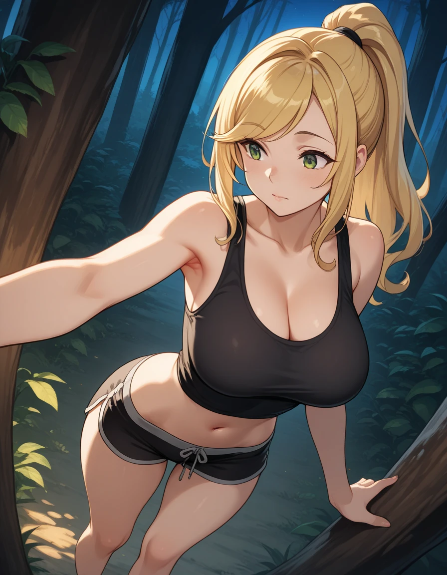 Pakun Serena, 1 girl, alone, blue eyes, blonde hair, long hair, low-tied long hair, have, pink hat,, black stockings,
smile,closed mouth,cowboy shot,sitting,
forest,outdoor,
(Extremely detailed, beautiful and detailed face, masterpiece, highest quality) cinematic lighting,、big breasts、black bra、black thong、show both armpits
