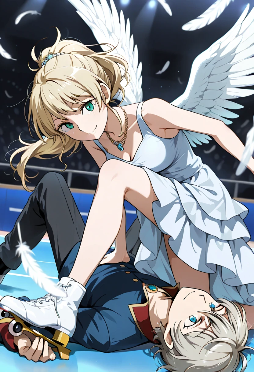 ((((1girl, tall stature)))and(((1shota, short stature)))),hetero,(1shota, short stature),small penis,black hear,smug,dark-skinned shota,interracial, BREAK (1girl, tall stature),(curvy:1.4), (long hair, french braid),straight hair, blonde hair, light blue eyes, large breasts, pale skin,shiny skin,(ahegao:1.4),(trembling), erectile nipples, BREAK ((she wears angel girl, halo, angel wing, white costume, divine)), (cum:1.4),cum in pussy,(cum on clothes:1.4), cum on breasts,cum on body,cum facial, bukkake,cum in mouth,cum on hair,(excessive cum), BREAK ((vaginal,sex)),(upright straddle,couple,face-to-face), clothed sex, intercourse with old man, (wrestling ring),(((masterpiece))),(((best quality))),((ultra-detailed)),(illustration),((an extremely delicate and beautiful)),(detailed background),8K,