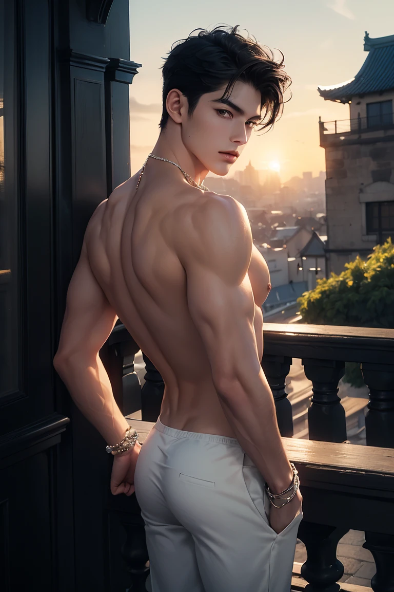 1 male, high resolution 4k, adult, handsome male, perfect face detail, detailed eyes and face, clean shaved, sixpack, white eyebrow hair, white eyelashes, Naked torso, Detailed face, perfect face, dynamic lighting, Real skin texture, ((Perfect hand details)), ((Real and complete hand details)), unreal engine, hd picture, satoru gojo, Jujutsu kaisen, white hair, short hair ,hair between eyes ,blue eyes, white skin, Sexy clothes, singlet