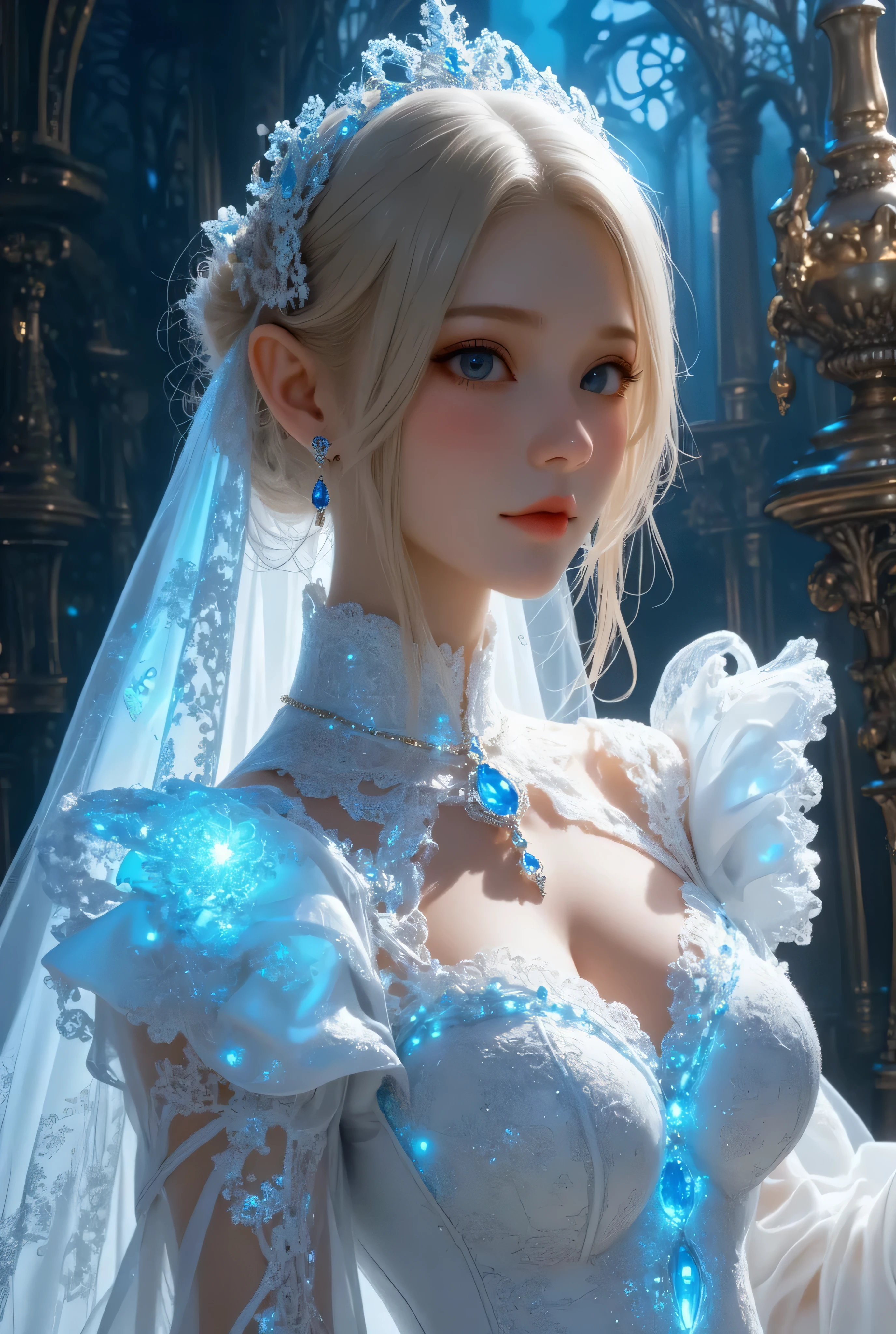 best quality , Super quality, 16k, Unbelievably Absurd, very detailed, lovely photo, delicate and dynamic, Kiri Reina female, seductive smile, pure white wedding dress , great style , bouquet, steampunk, DIESEL PUNK , clock punk , cyberpunk, Glitter effect, shining jewelry, shining big beautiful blue gem at necklace, blue magic lights at dress