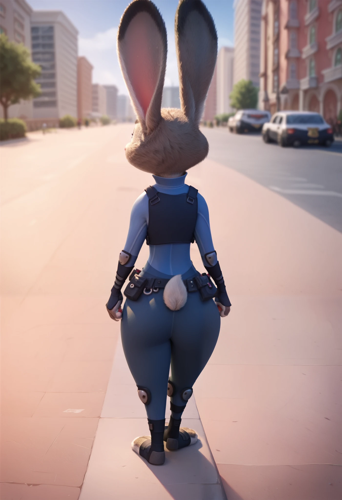 DUO, By disney pixar, 3d, duo, by qupostuv35, ((Macro judy hopps, lying face down, back, Wide hips)), ((female)), zootopia, ((Police uniform)), thigh crushing, (break, size difference (micro bunny on Judy hopps butt)), judy's thighs