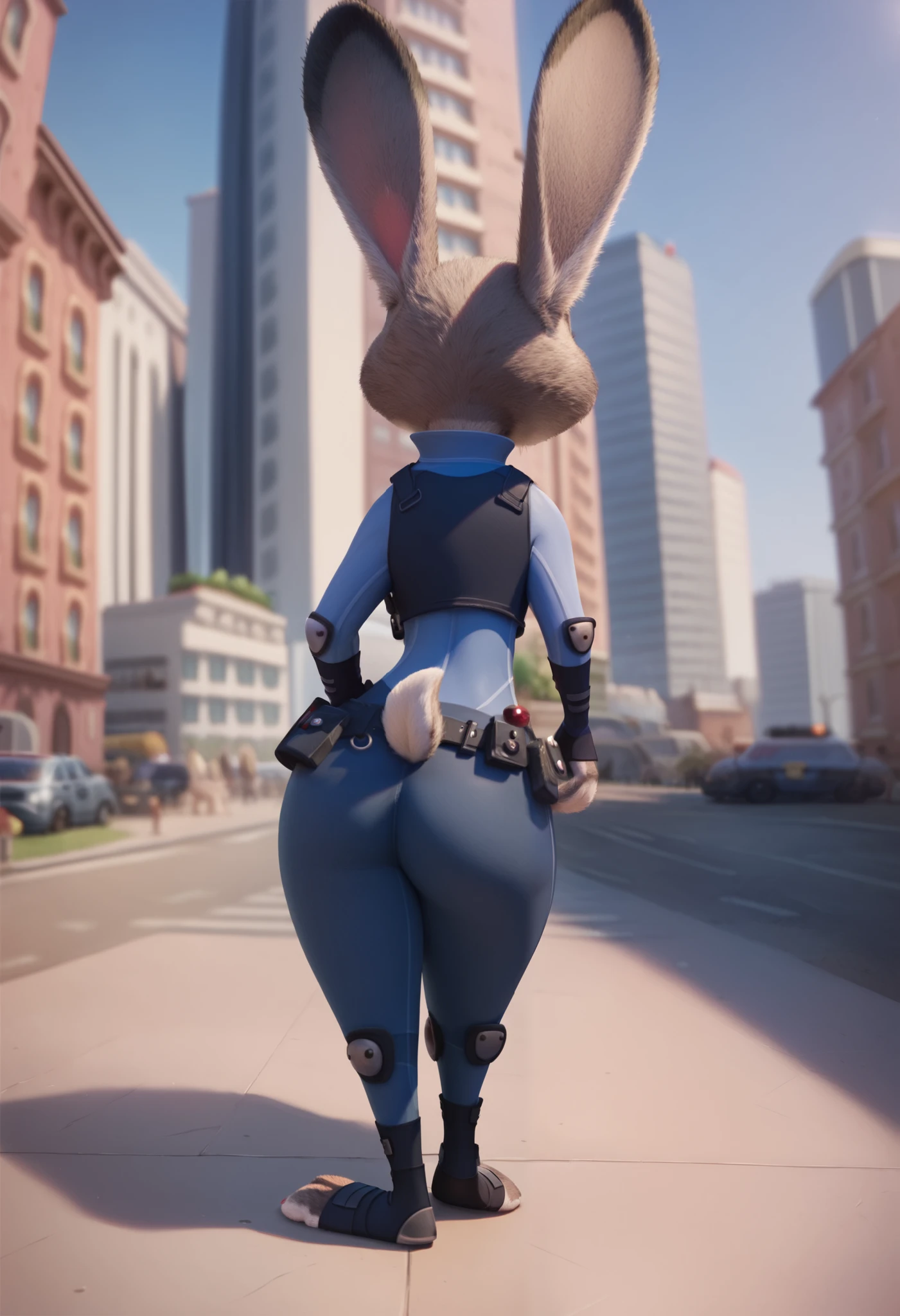 masterpiece, judy hopps, blue fur, Wide hips, on a city, police uniform, full body, crossing legs, back, pov from bellow