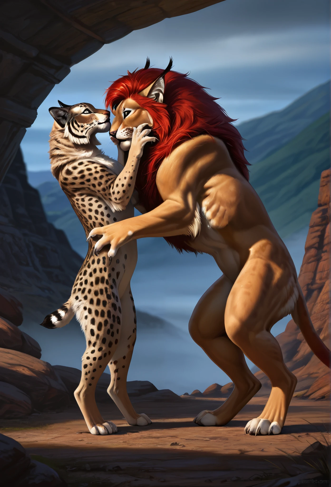 Full body, Lynx, standing, quadruple, with mane, furry, feral, female, fighter, claws on fingers and toes, detailed fingers, clear detailed eyes, detailed face, very detailed fur, in the mountains, side view, Highest quality, photorealistic, very detailed, very detailed background