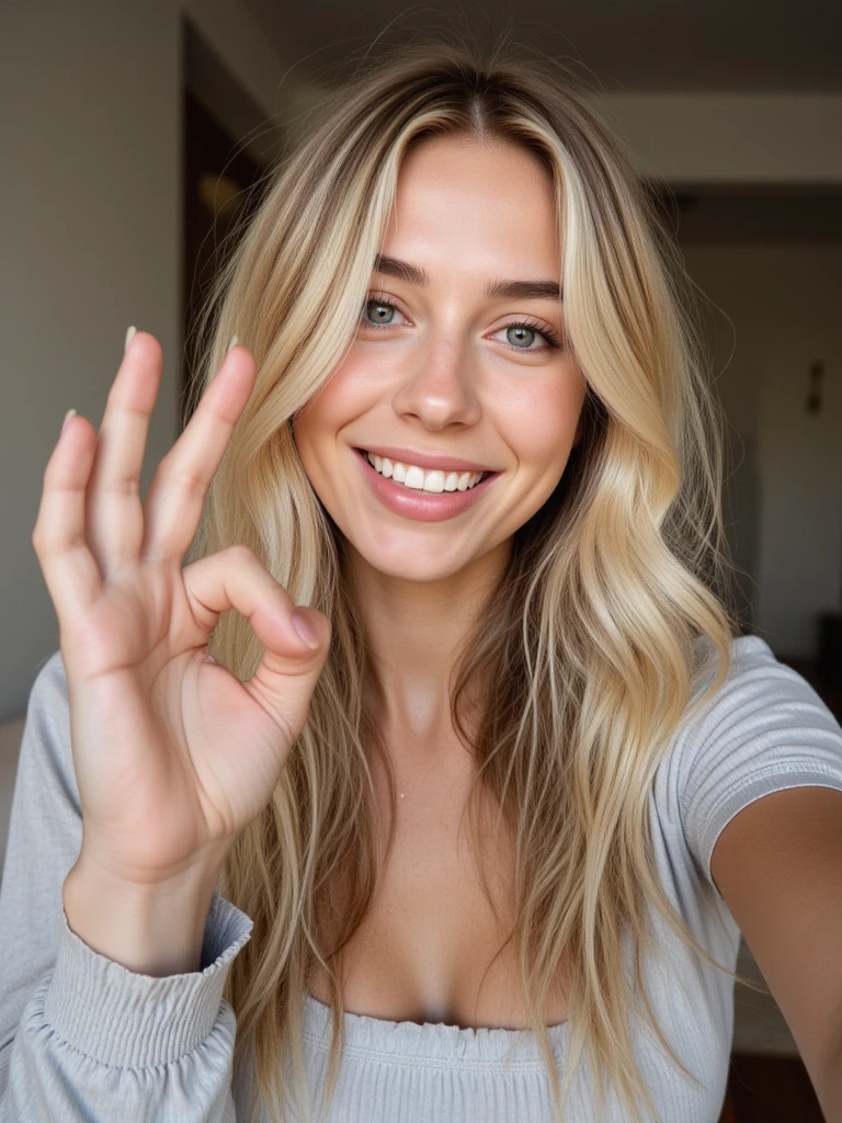 Blonde woman, curly hair, sexy, elegant, 3, 8k, friendly, talking, gesturing the number 3, counting, half her body up, cleavage, hot.