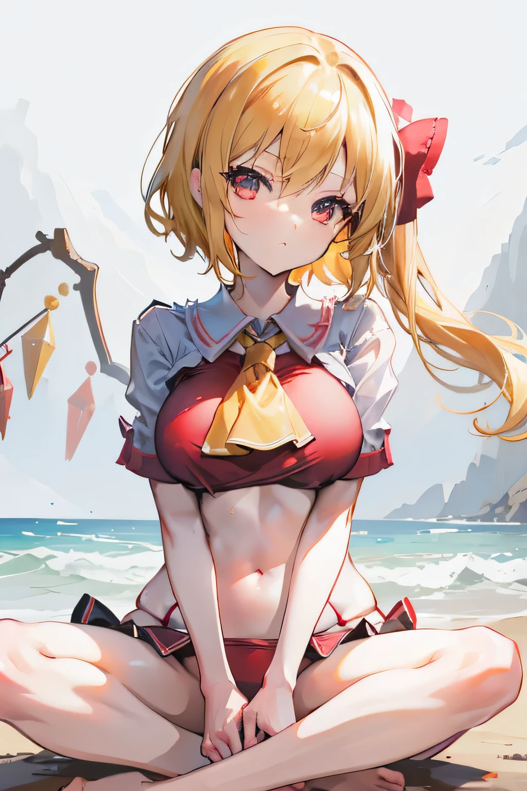 (Cape)、(Raise your right hand)、(Open your mouth)、(((Red tattoo)))、(((Red Bikini)))、Beauty、(((Blonde twin tails)))、((whole body))、(((Photo taken from below)))、Night Sky、The background is a night forest