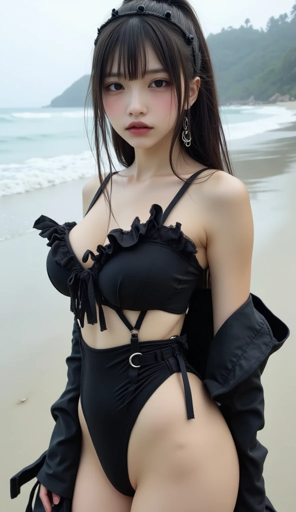 ((Slender 12 year old beautiful girl)), ((Idol level beautiful girl with big eyes and smile)), ((Small breasts:1.5)), Okinawa beach, eyes and face are front, skin, (8K, highest quality, masterpiece) : 1.2), (Realistic, Photorealistic: 1.37), Super detailed, 1 girl, Solo, Very cute, Beautiful detailed sky, (Smile: 1.2), (Grinning), Detailed eyes, (Straight black hair ) Blowing in the strong wind (Long hair), (Hair blowing in the strong wind: 1.4), (Bending forward), Hair scrunchy, Stockings, Full body, Street, (((Micro bikini with black color)))), Sexy pose , beach house, top class, armpits showing, uneven arms showing, small breasts, (smile 1.5)