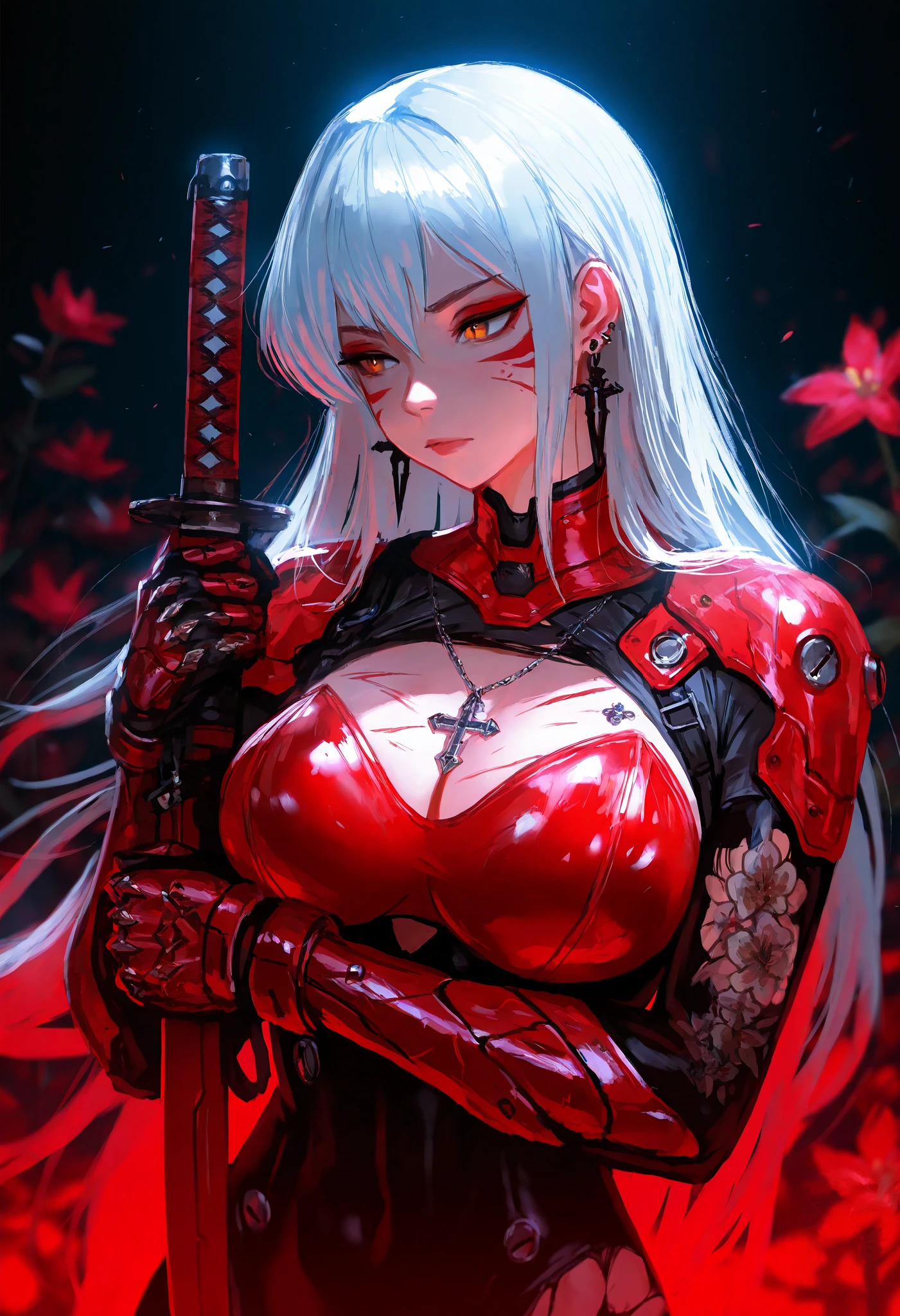 artist:, A stylized portrait of a woman with a striking and detailed appearance. She has light skin and is adorned with intricate tattoos covering her arms, chest, and neck, including dragon and flower designs. Her white hair is styled in a voluminous, tousled bun, with loose strands framing her face, and long hair flowing down her back. She has a piercing gaze and a confident expression. The woman wears a mix of black and red armor with a futuristic, cybernetic twist, including mechanical arms, gauntlets, and a torn bodysuit that reveals her large breasts. A katana hangs from her back, and she holds a sword in her hand, resting it over her shoulder, giving her a fierce warrior-like presence. Around her neck is a cross-shaped necklace, adding a touch of mystique. The background is a deep, solid red, enhancing the dramatic and intense atmosphere of the image, detailxl, masterpiece, best quality, Good quality, very aesthetic