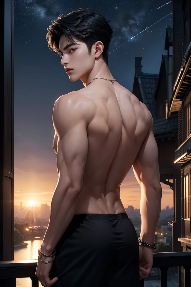 1boy, male_focus, solo, ???, short_hair, muscular_male, bara, ?????????, male_?????????, muscular, jockstrap, back, very_short_hair, looking_at_viewer, thighs, door, pectorals, briefs, thick_thighs, looking_back, ???????_male, brown_hair, undercut, parted_lips