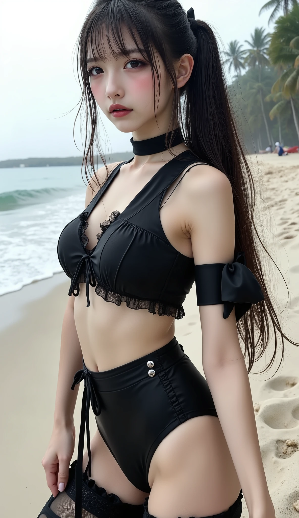 A swimsuit made of black fabric with white lace frills, Poolside,