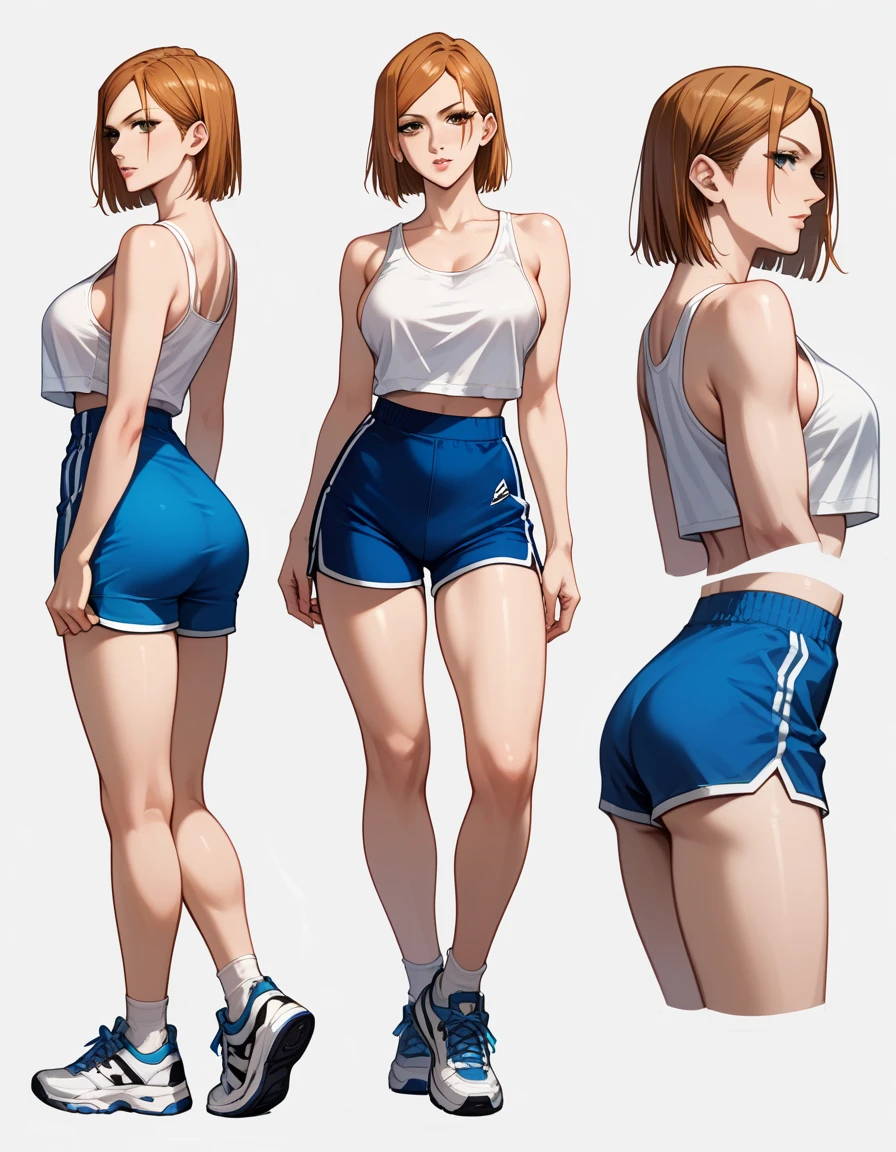 ((masterpiece)),(((Highest quality))),((Reference Sheet, Character Design, front, Rear view, Side view)), 14-year-old girl, Cute type,  (Very slim:1.4), (Very small ass:1.4), realistic buttocks, Big Breasts, Bobcut, Thin thighs, Long legs, It's not a big deal, ((Marathon runner)), (Browsing Caution:1.0)