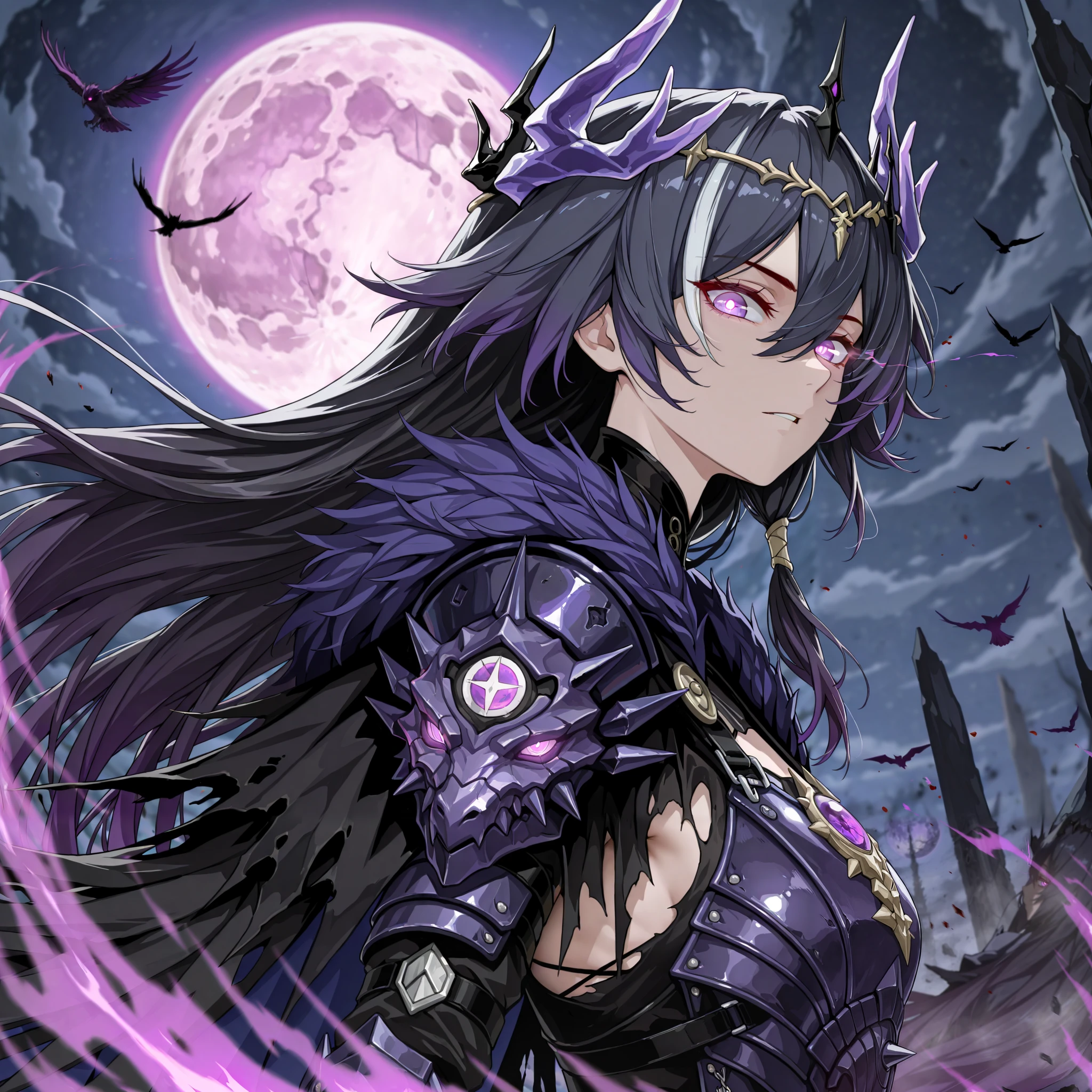 by [inoitoh|arknights|748cmstyle],
1girl, solo, alone, single character, messy background, chaotic background, magic aura background, (glancing at viewer, side shot, (dynamic shot, action shot:1.2), upper body focus, close_up shot:1.2), adult woman, evil goddess, corrupted goddess, Punishing Gray Raven, (FuHua, Fol005, Fh_Hos:0.55), fu hua, deep purple eyes, very long hair, (black hair, purple hair, two tone hair, gradient hair, dark hair, raven coloured hair, white streaks:1.24), black torn dress, armored carapace, broken short skirt, (war dress, demon crown, spiked circlet, purple dragon spirits, cracked moon, purple moon:1.22), cursed moon, battle dress, war-mage, succubus, incubus, broken cloak, (black rock shooter:0.42), glowing eye, eye trail, (unusual pupils), (glowing eyes), (magic eyes), tsurime,  
(mature, exquisite detail, 8k, 4k, sharp focus, ultra-detailed, detailed background, absurdres, best quality, amazing quality, very aesthetic, high resolution, newest, hyper-detailed:0.58)
 