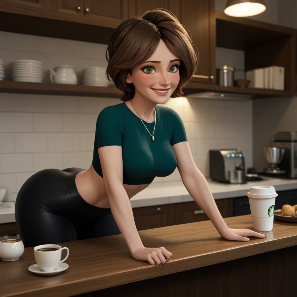 Aunt Cass, nudist, sitting behind a table, pov, facing viewer, front facing, casual, enjoying time at a cafe