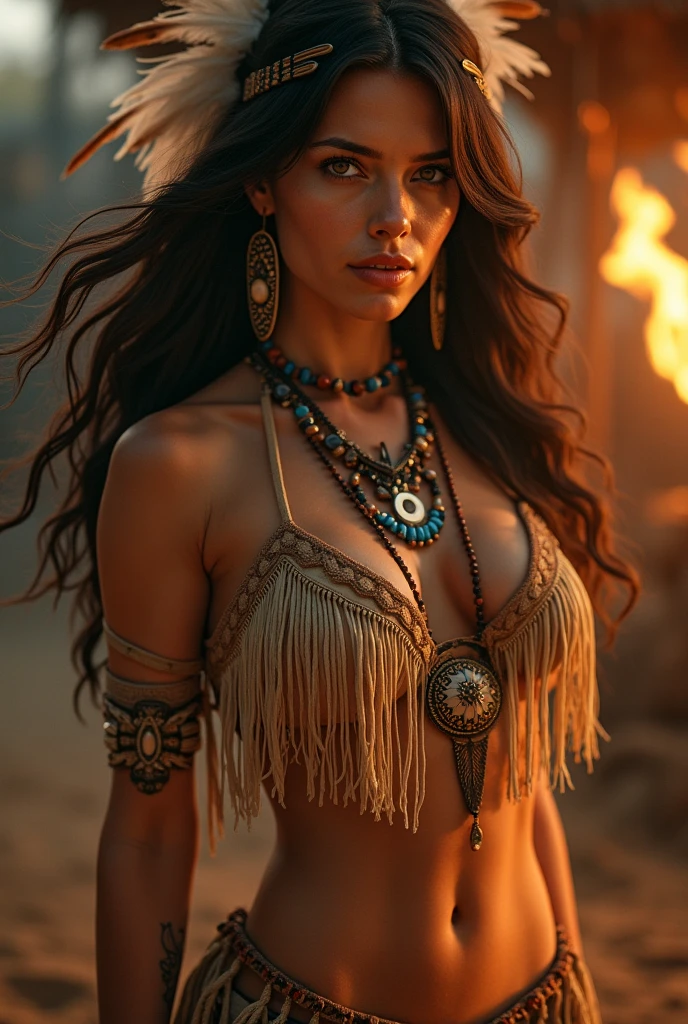 Zendaya is a beautiful naked woman. gigantic breasts. In ragged clothing called in Aztec jewelry on. sunset behind her. Dramatic lighting. Photographed on Sony a7 iv. 12k ultra HD