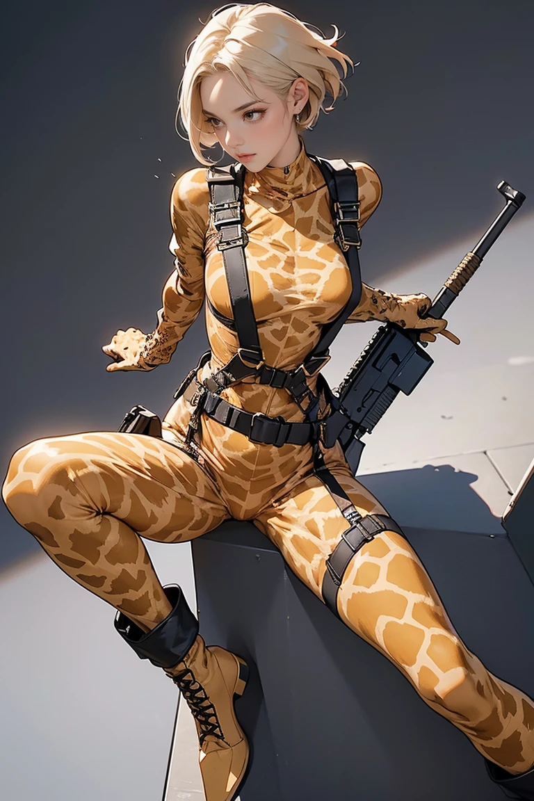 realisticlying、18 year old girl、、Sideways view、portrait closeup、、Buttock emphasis(Wearing a full-body giraffe print bodysuit)、short-hair、The face smiled、Theater stage、Sexy Posing